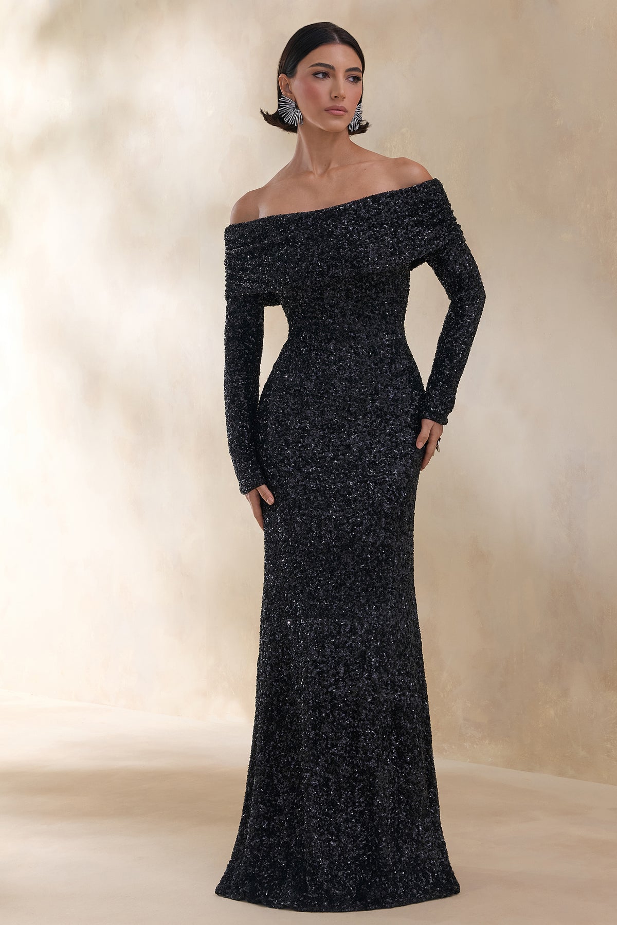 bardot neck maxi dress Bex | Black Sequin And Velvet Bardot-Neck Maxi Dress