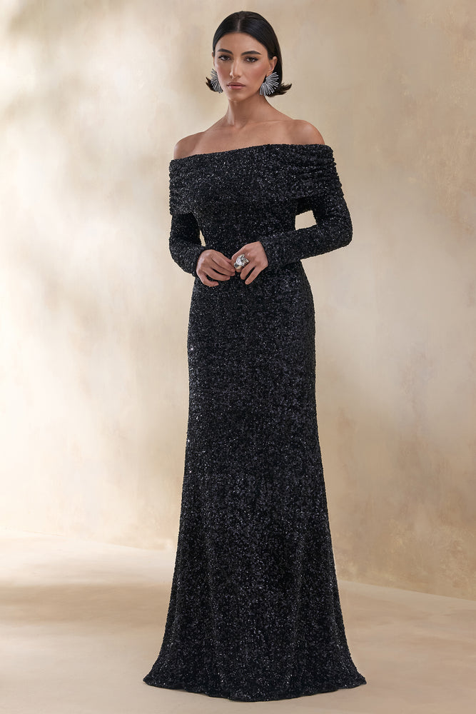 Obsession Black Sequin Bardot-Neck Maxi Dress With Long Sleeves – Club L  London