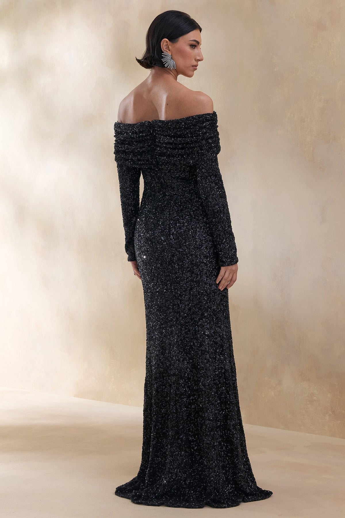 Obsession Black Sequin Bardot-Neck Maxi Dress With Long Sleeves – Club