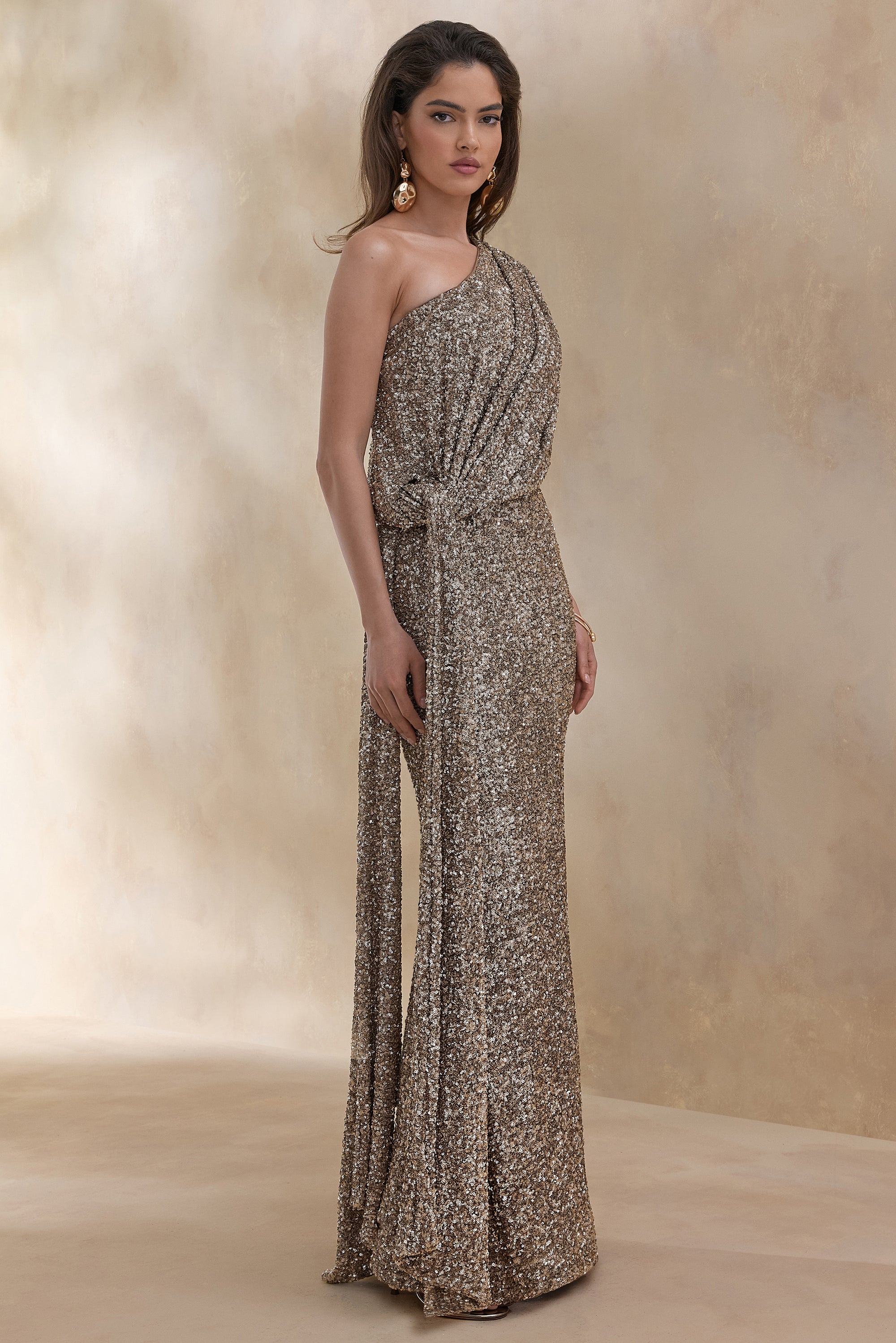 ECM_HR_CL136701059 Liori _ Champagne Sequin Asymmetric-Neck Maxi Dress With Ruched Detailing And Sash 2.jpg
