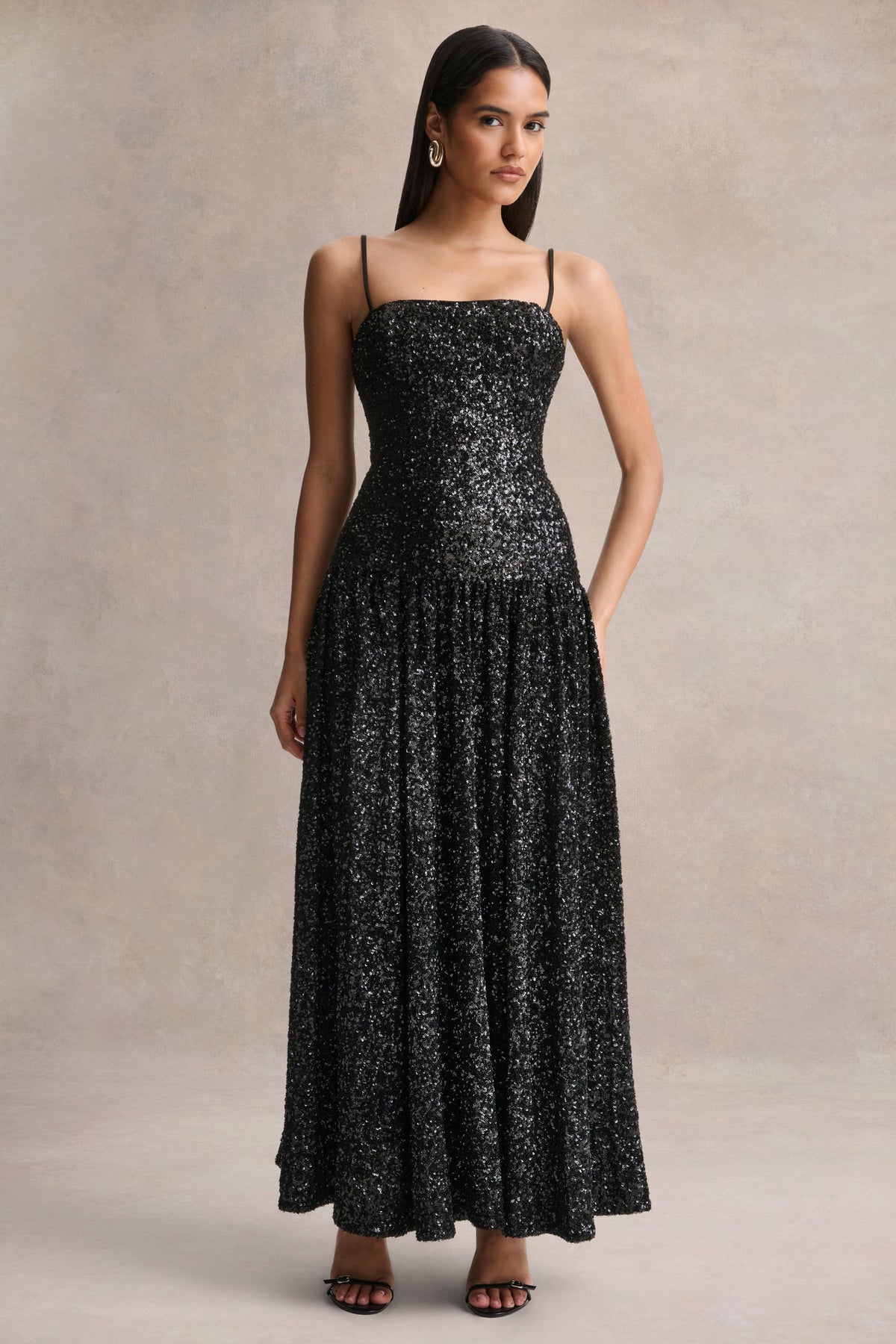 Allora Black Sequin Square-Neck Maxi Dress With Pleated Skirt Club L London - SA Allora Black Sequin Square-Neck Maxi Dress With Pleated Skirt Club L London - SA