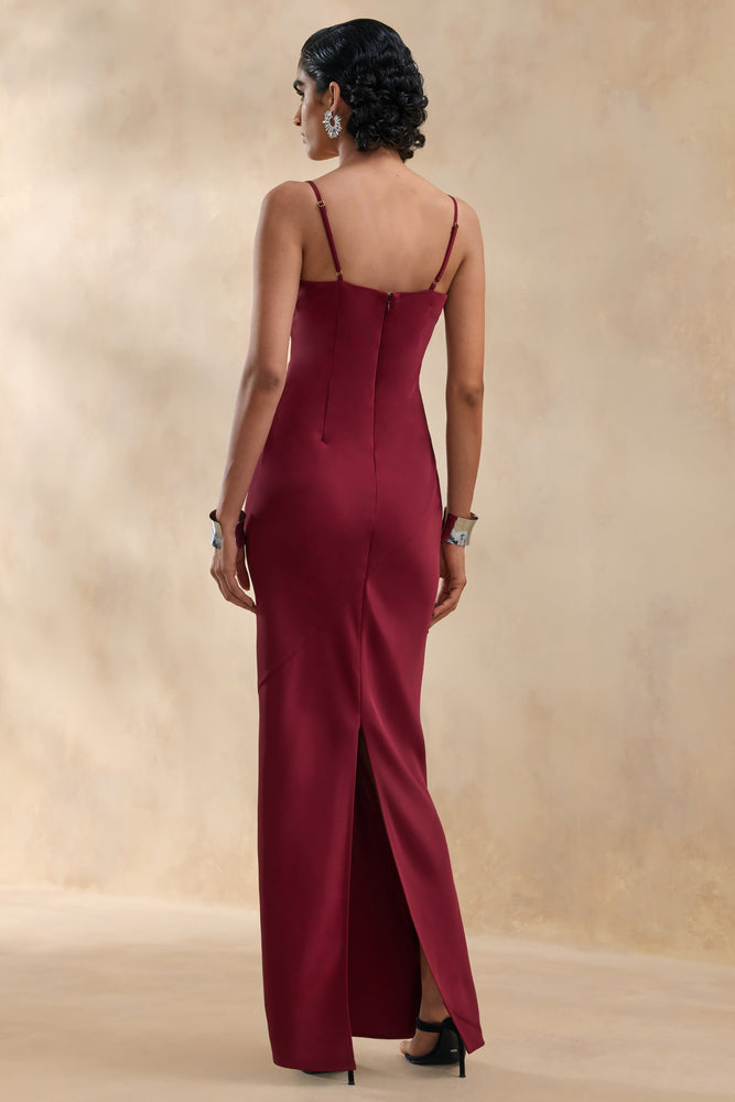 Yoli Burgundy Satin Maxi Dress With Twist-Cape Club L London - SA Yoli Burgundy Satin Maxi Dress With Twist-Cape Club L London - SA