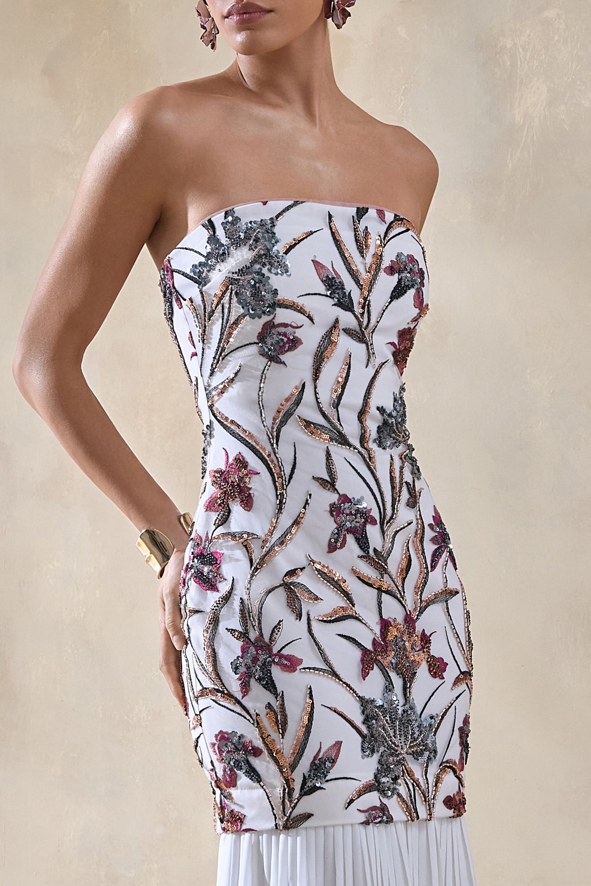 Denise Cream Sequin Floral Bandeau-Neck Embellished Maxi Dress With  Club  L London - SA