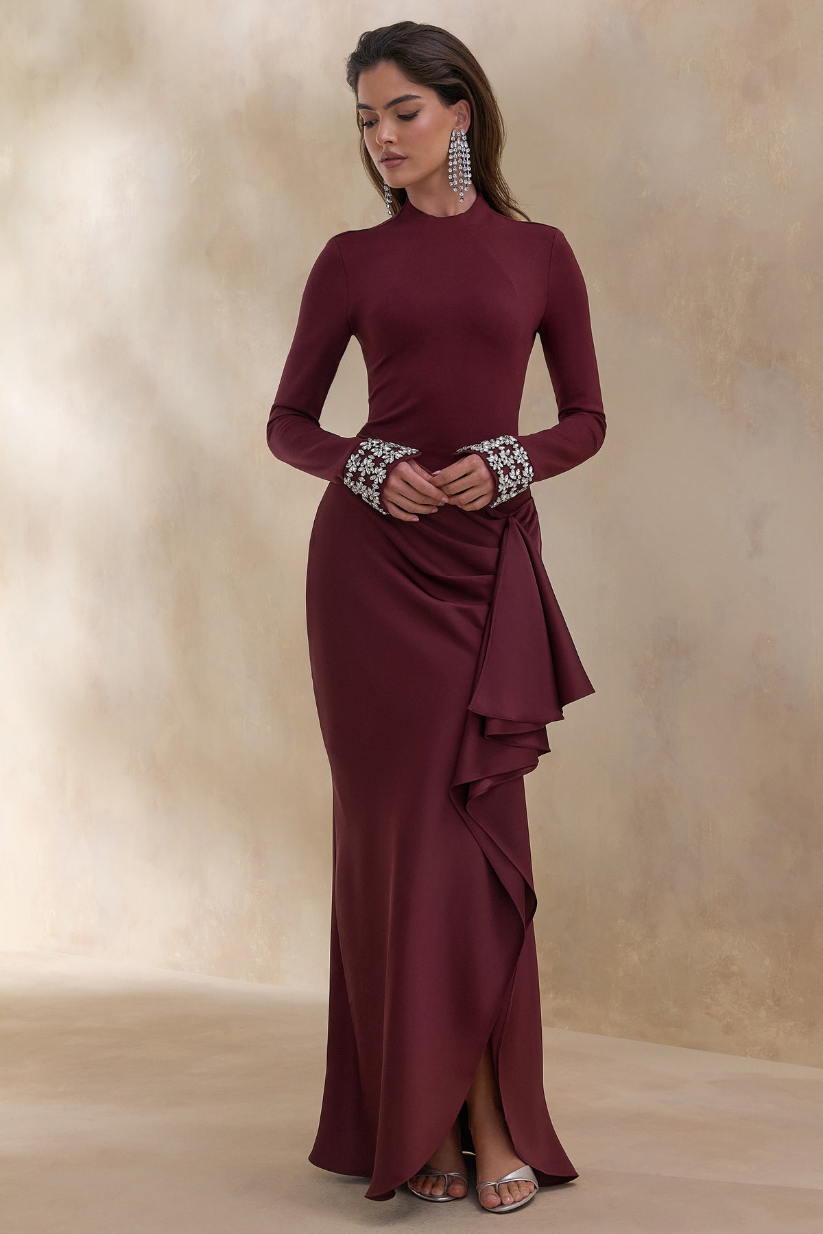 Starred Burgundy High-Neck Maxi Dress With Satin Wrap-Skirt And Embe – Club  L London