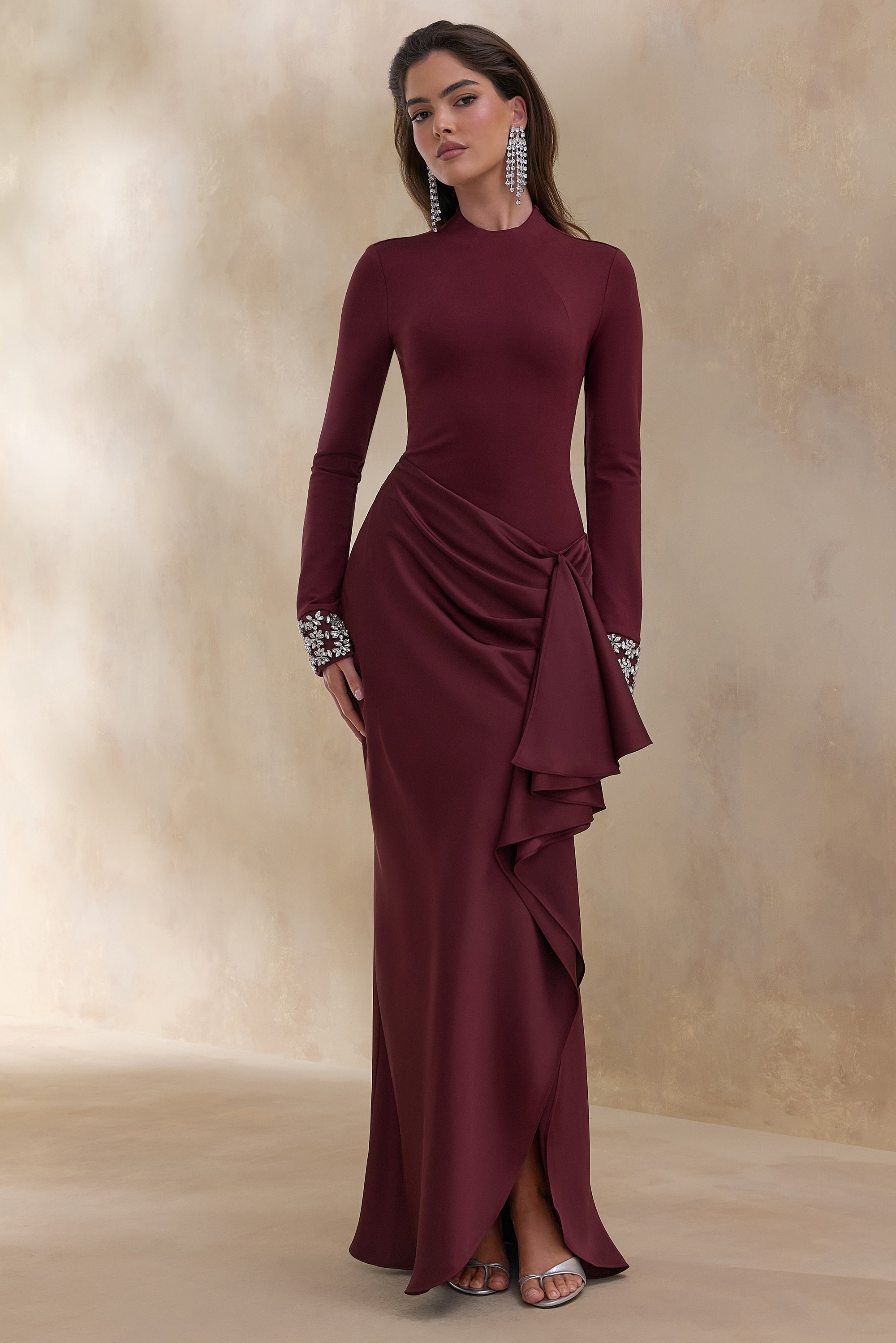Starred | Burgundy High-Neck Maxi Dress With Satin Wrap-Skirt And Embe – Club L London