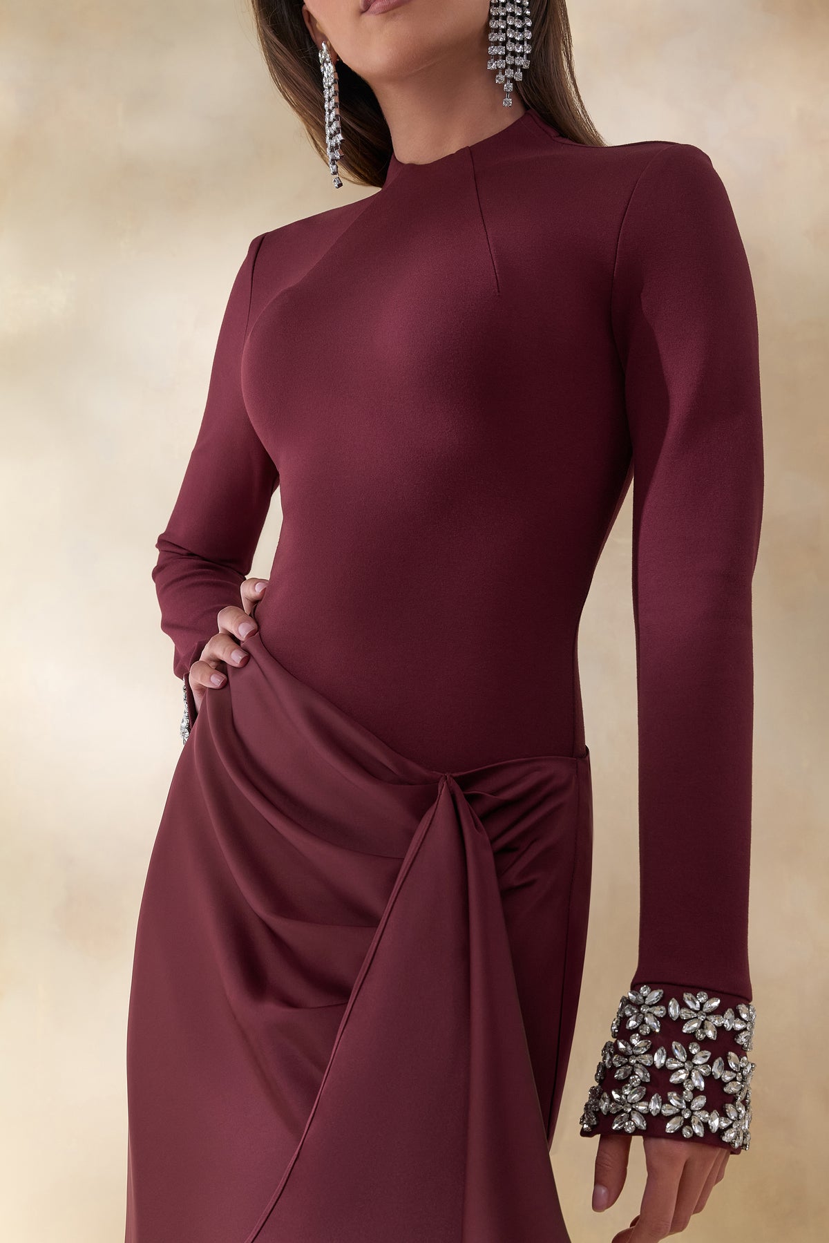 timeless burgundy satin wrap dress with waist tie detail Starred Burgundy High-Neck Maxi Dress With Satin Wrap-Skirt And Embe – Club  L London