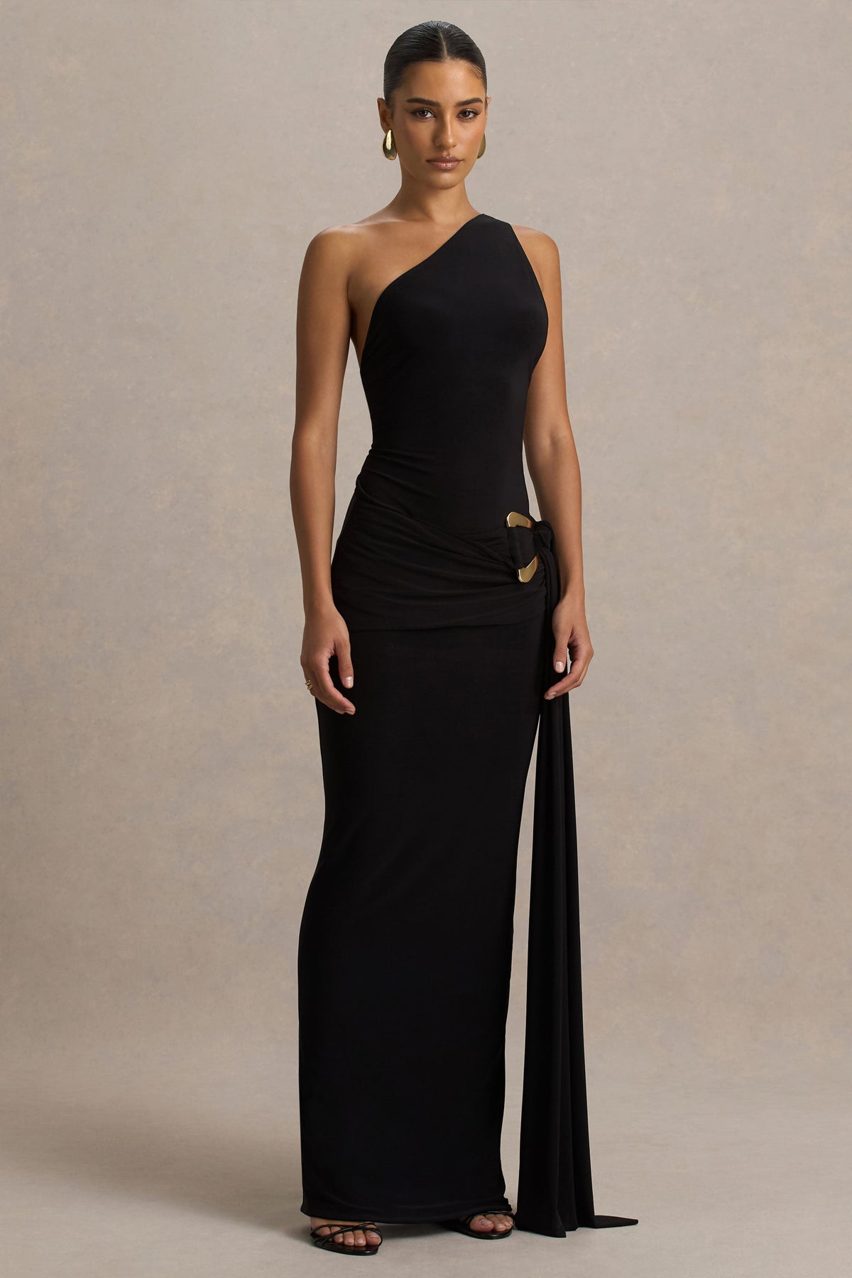 black high neck asymmetric belted a line dress Bonnie Black Asymmetric-Neck Maxi Dress With Ruched-Detailing – Club L  London