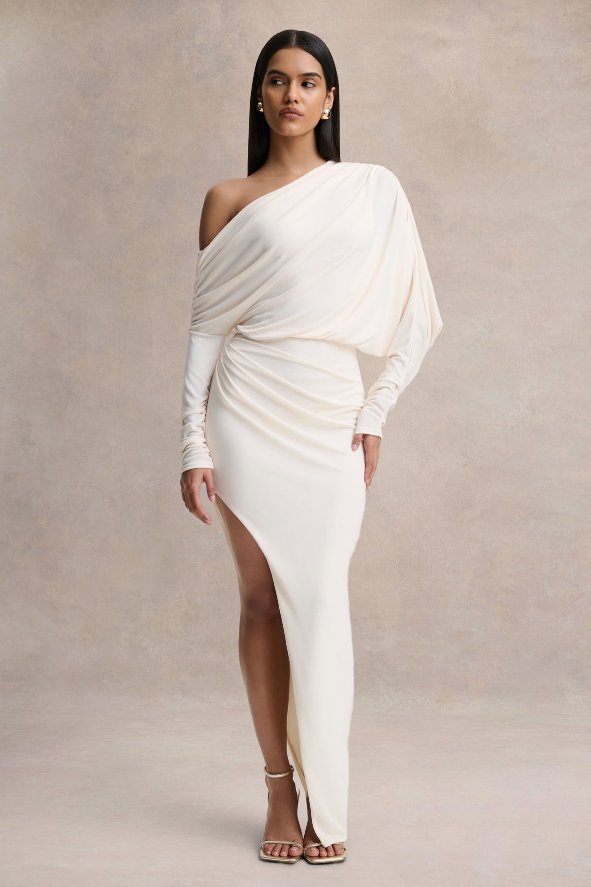 Olivia Cream Asymmetric-Neck Maxi Dress With Ruched Detailing And Fr Club L London - SA Olivia Cream Asymmetric-Neck Maxi Dress With Ruched Detailing And Fr Club L London - SA