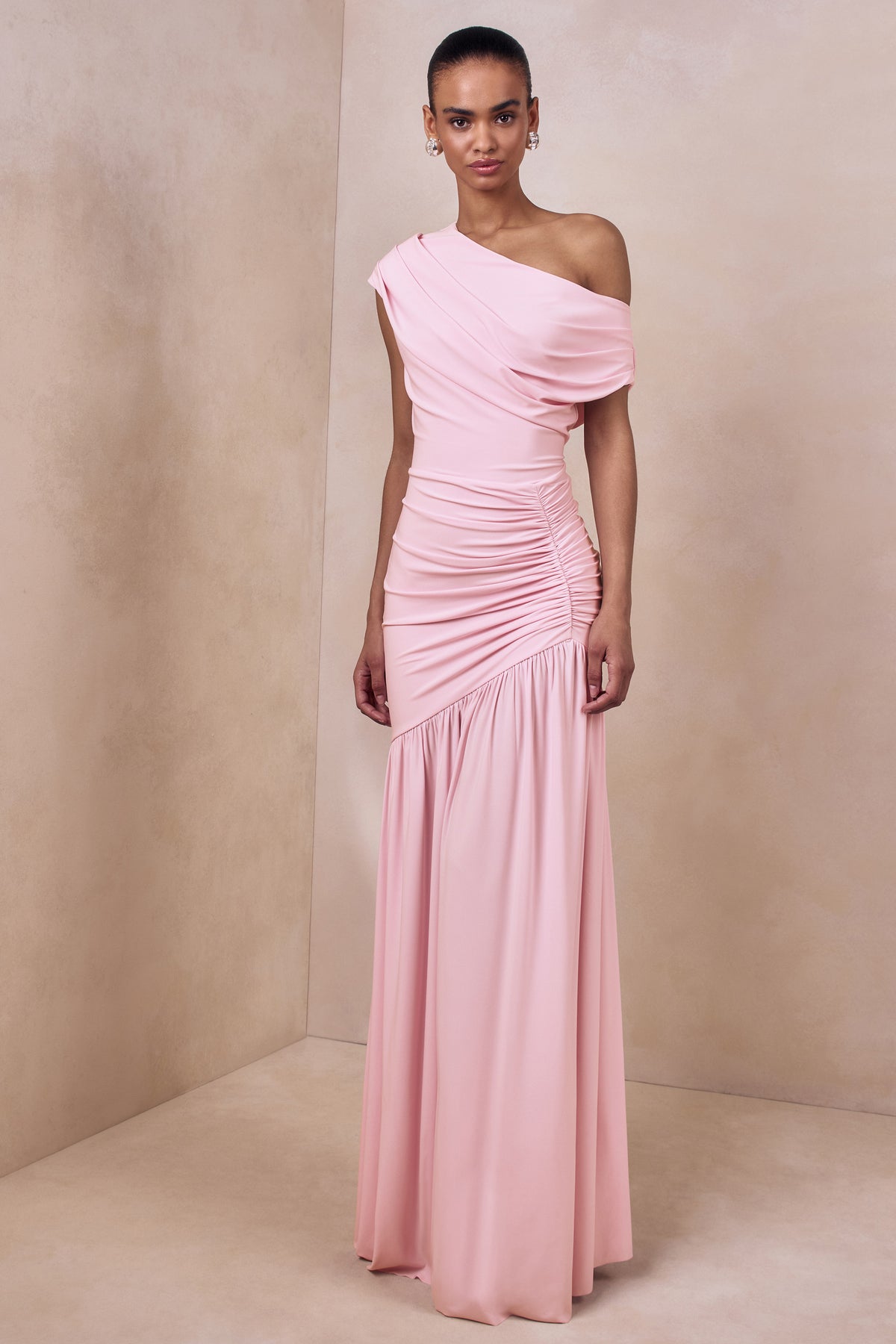 pink asymmetric cowl neck maxi dress ASOS DESIGN ruched side cowl neck maxi dress with asymmetric tier in hot pink