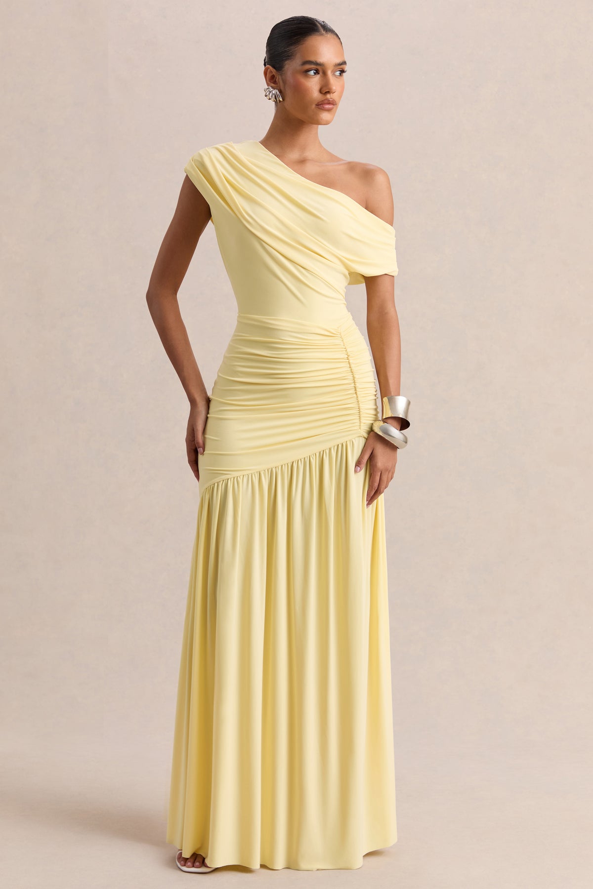 Kady Lemon Asymmetric-Neck Maxi Dress With Ruched Detailing – Club L London
