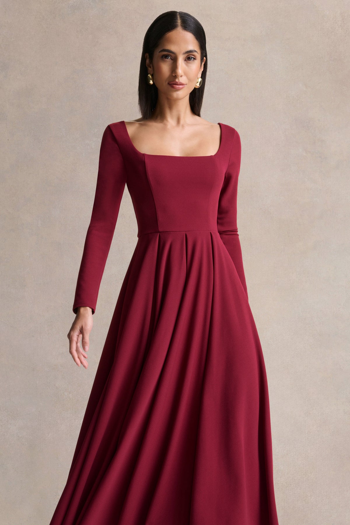 Alison Burgundy Square-Neck A-Line Midi Dress – Club L London