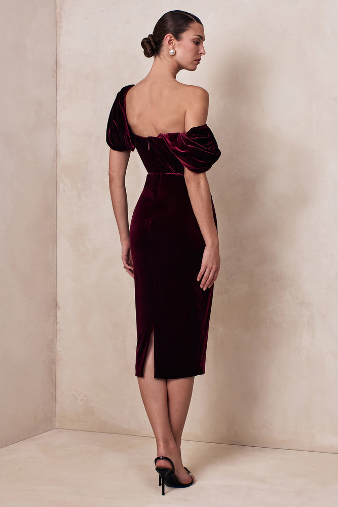 asymmetric neckline midi dress High End Burgundy Velvet Asymmetric-Neck Midi Dress With Draped Deta – Club  L London