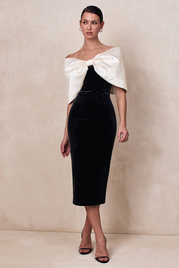 Twilight Black And White Velvet Bardot-Neck Midi Dress With Oversize – Club  L London