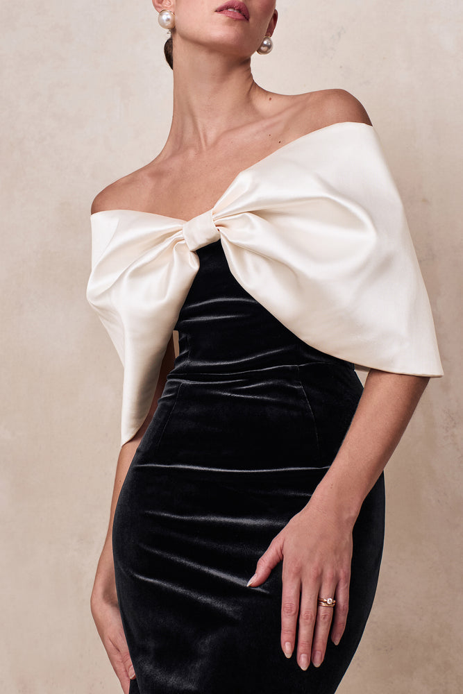 black velvet bardot midi dress Twilight Black And White Velvet Bardot-Neck Midi Dress With Oversize – Club  L London