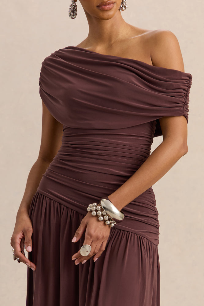 Emberly Brown Draped Asymmetric-Neck Maxi Dress With Drop-Waist – Club L  London