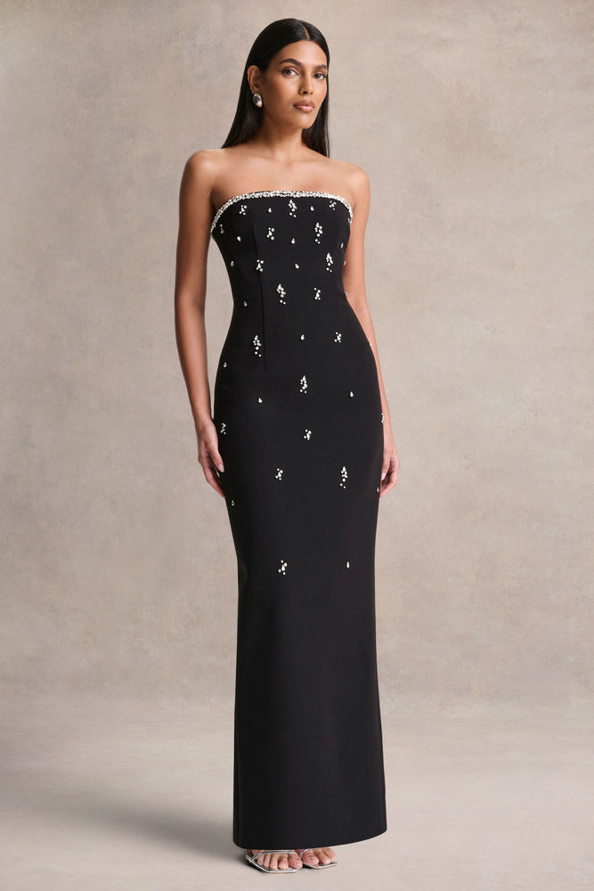 fitted lace wedding dress Rominia Black Bandeau Embellished Maxi Dress – Club L London