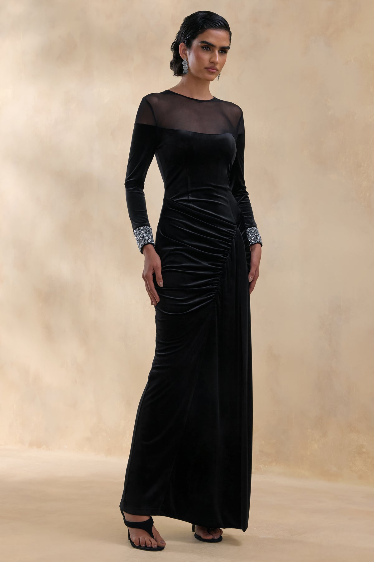 litle black dress Perrin Black Velvet High-Neck Maxi Dress With Embellished Cuffs – Club L  London