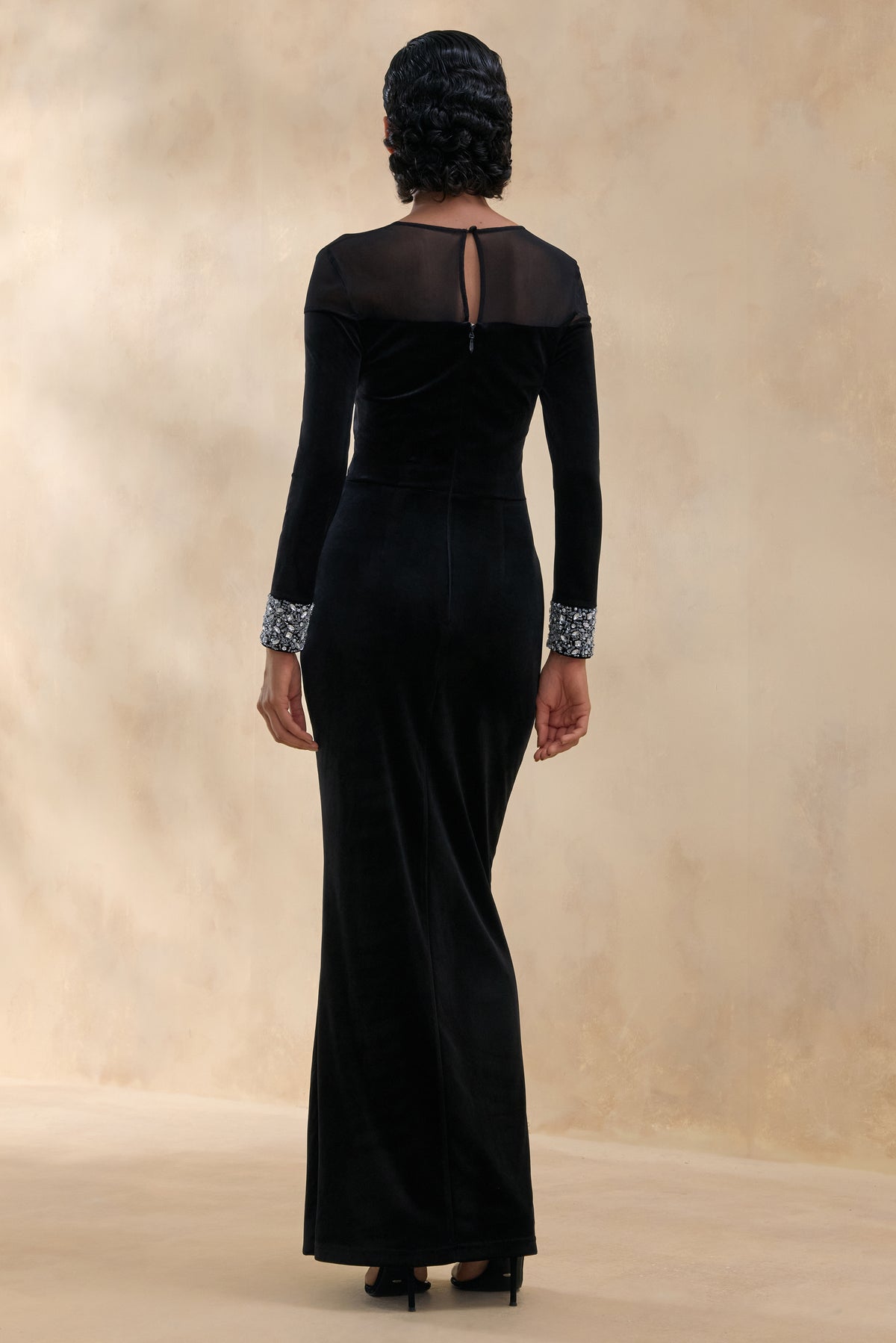 Perrin Black Velvet High-Neck Maxi Dress With Embellished Cuffs – Club L  London