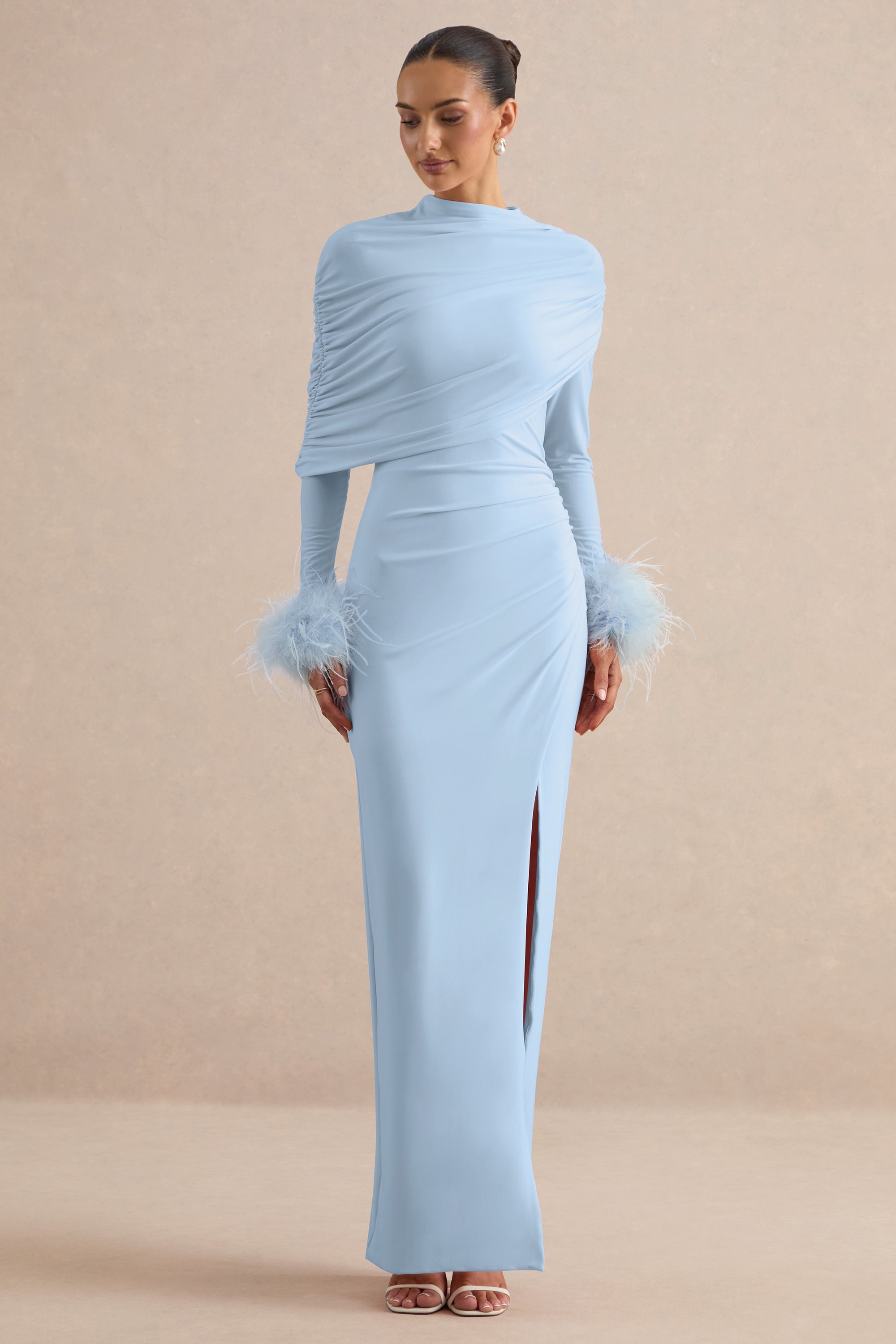 CL136990013  - Gatsby | Light Blue High-Neck Maxi Dress With Feather Trim Cuffs + CL138534013 - Gatsby | Light Blue Feather Trim Cuffs 0.jpg
