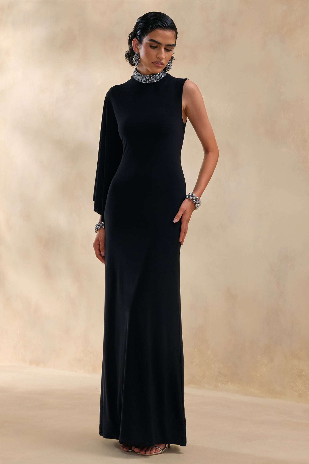 Oriana Black Embellished High-Neck Maxi Dress With One-Cape Sleeve – Club L  London