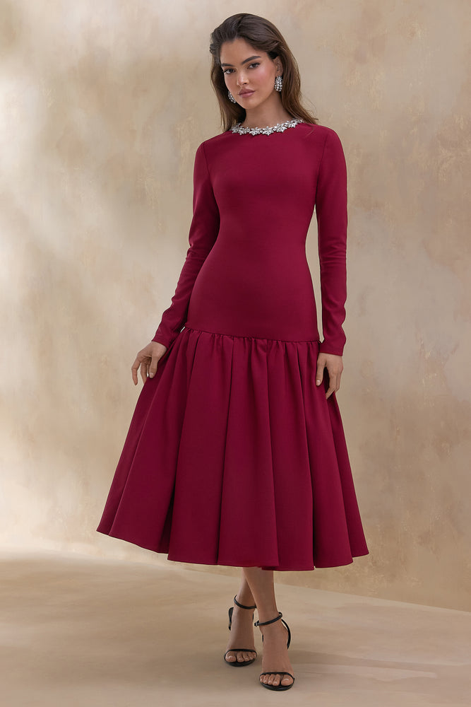 Jovana Burgundy Crew-Neck Midi Dress With Drop Waist  Club L London - SA