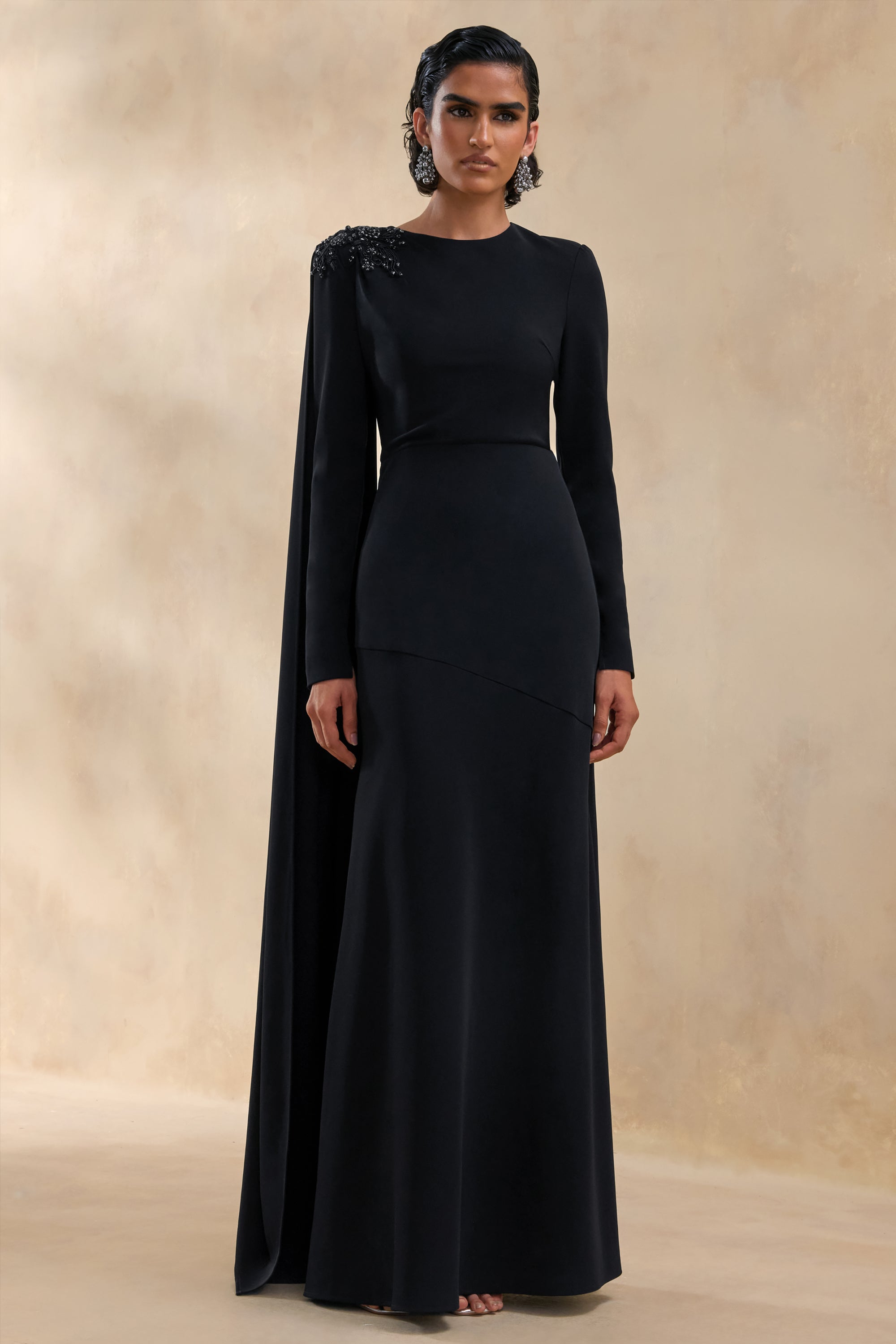 Reese | Black High-Neck Maxi Dress With Embellished Detail And Sash – Club L London