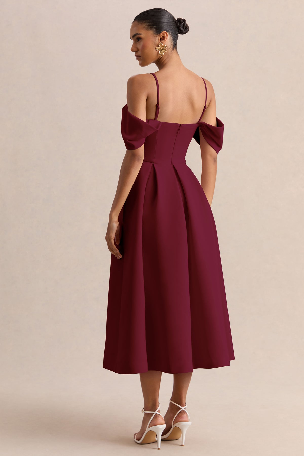 Cosima Burgundy Bardot-Neck Midi Dress Club L London - SA Cosima Burgundy Bardot-Neck Midi Dress Club L London - SA
