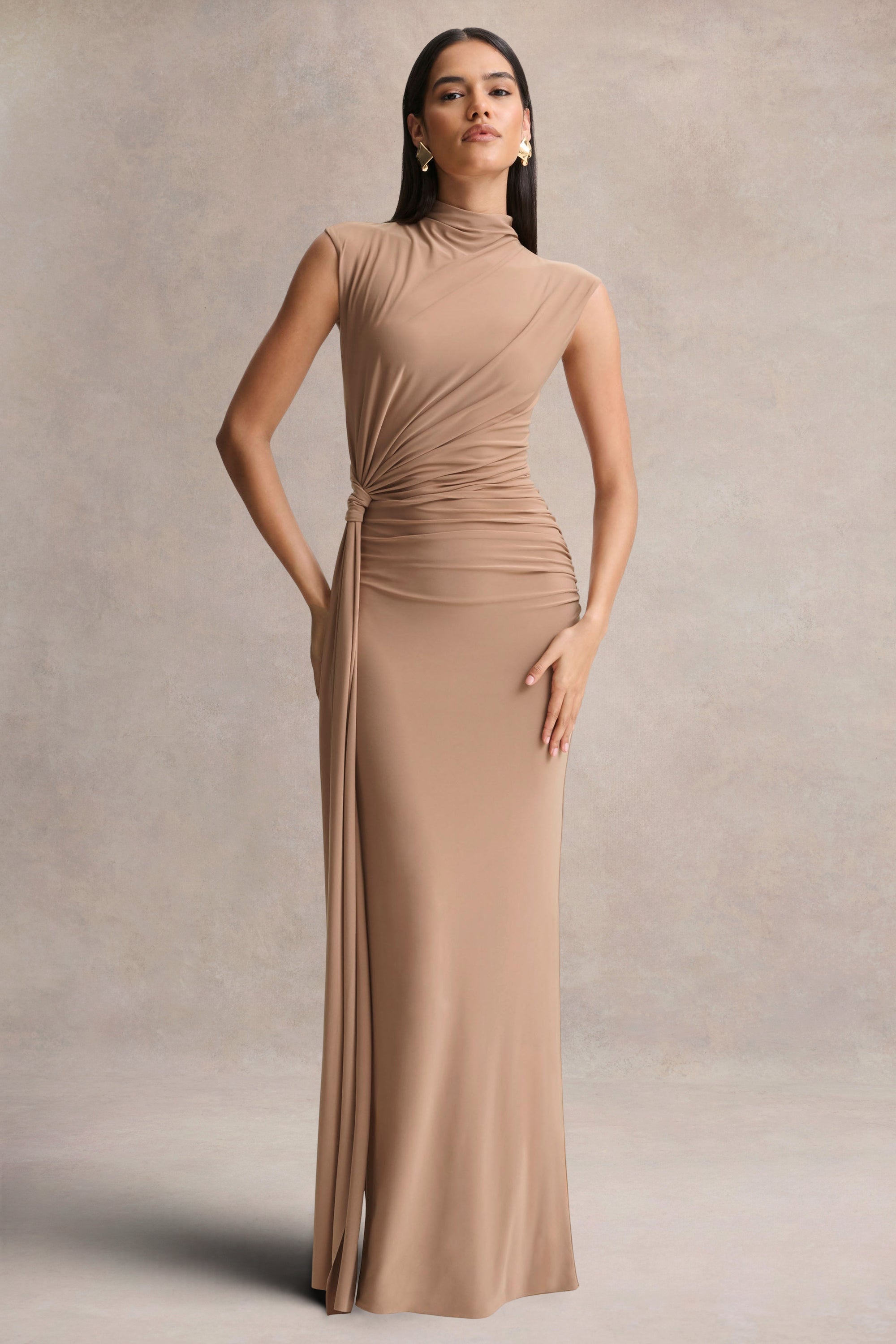 Solene | Brown High-Neck Maxi Dress With Wrap And Drape Detail – Club L London