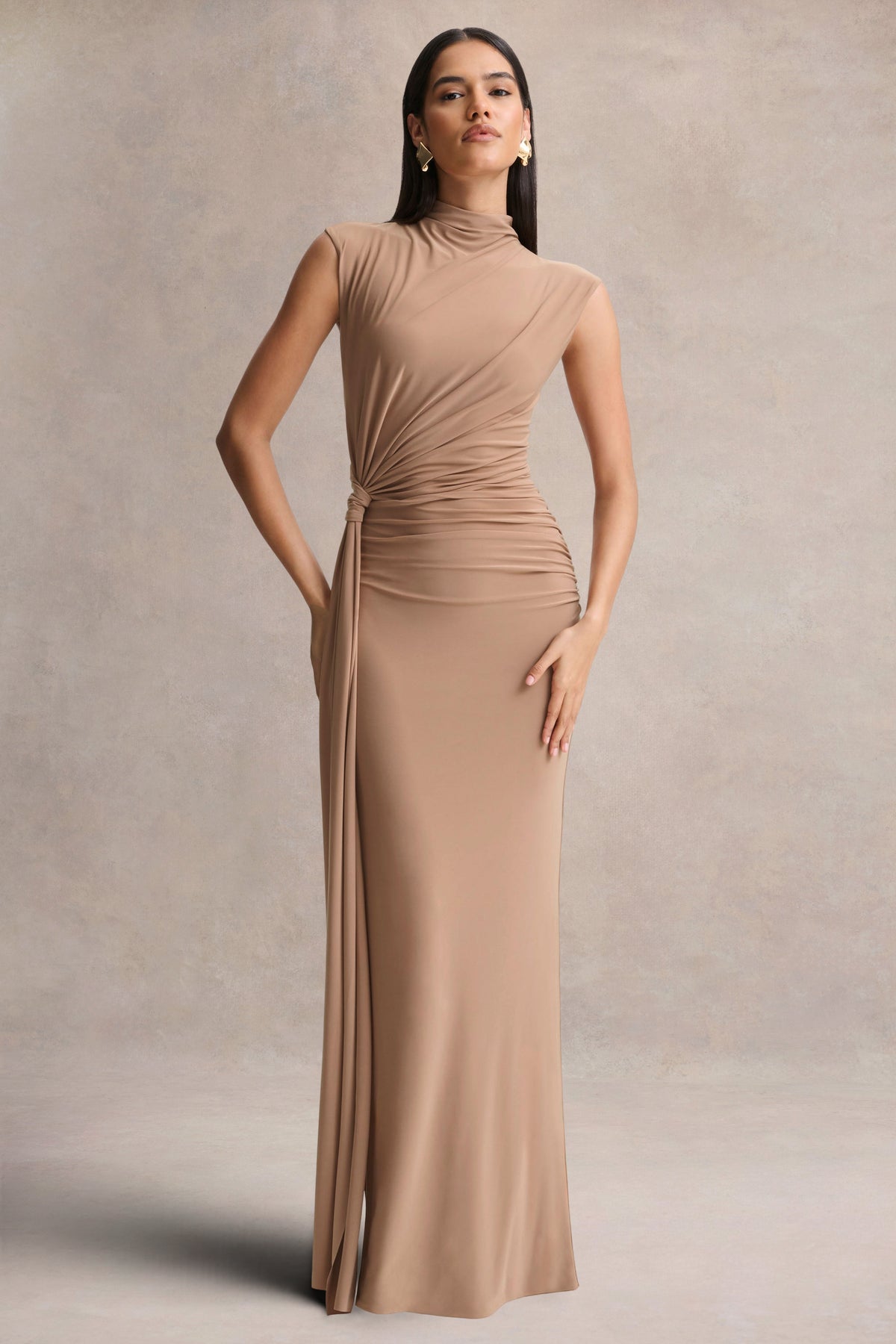 Solene Brown High-Neck Maxi Dress With Wrap And Drape Detail Club L London - SA Solene Brown High-Neck Maxi Dress With Wrap And Drape Detail Club L London - SA