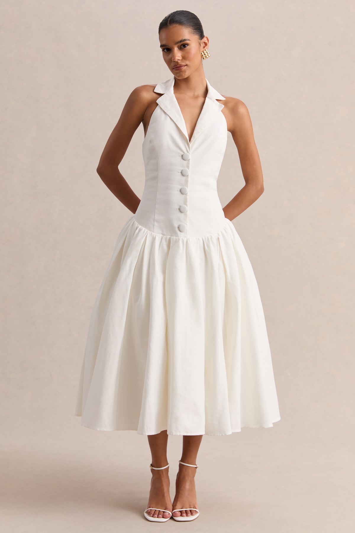 white plunge midi dress SERPENTI PLUNGE MIDI DRESS IN IVORY