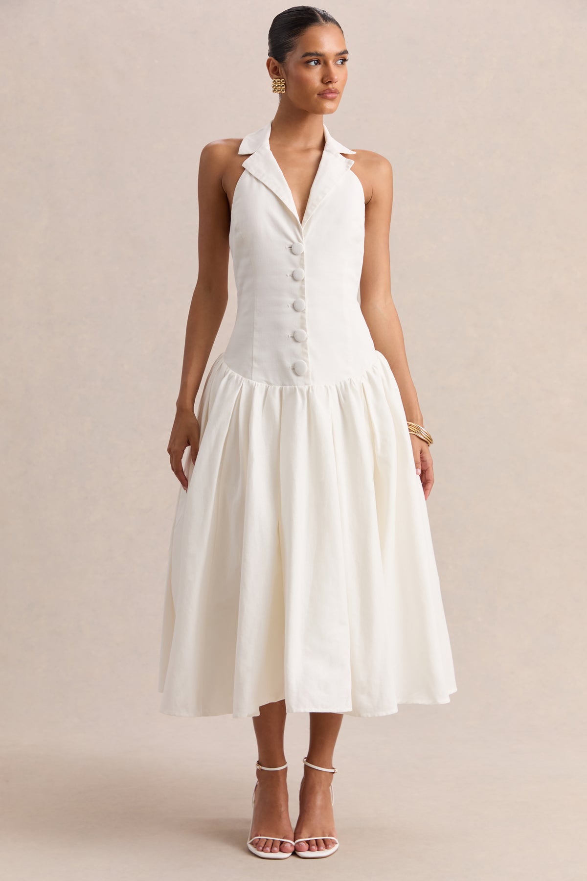 white plunge midi dress Plunge Front Ruched Underbust Detail Midi Dress In White. | EGO US