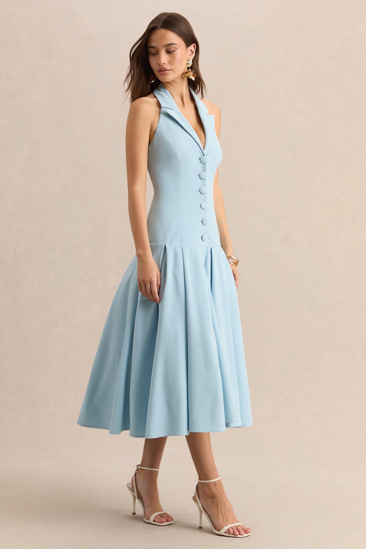 plunge neck midi dress Lettie Navy Poplin Plunge Neck Midi Dress