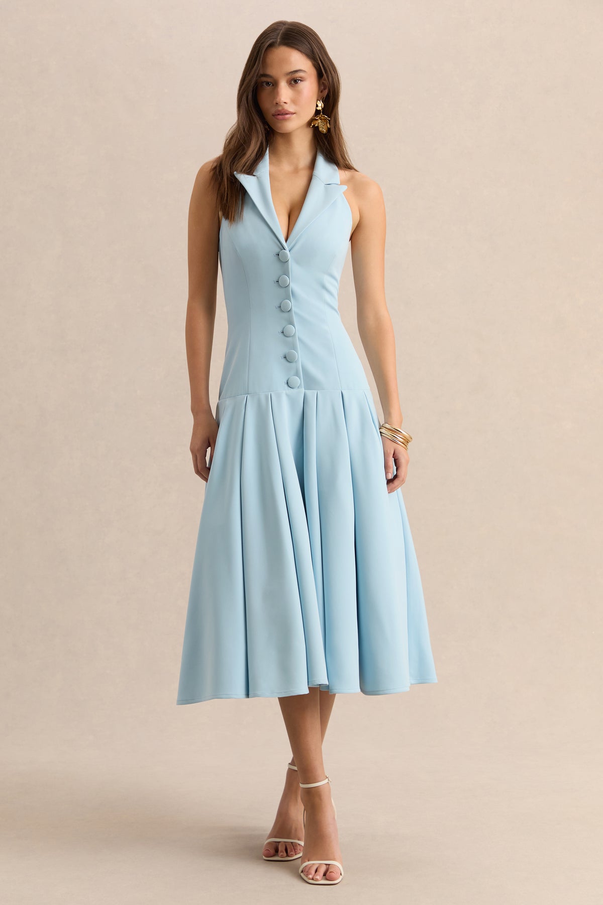 open lace back dress Elise Powder Blue Plunge-Neck Midi Dress With Drop-Waist – Club L London