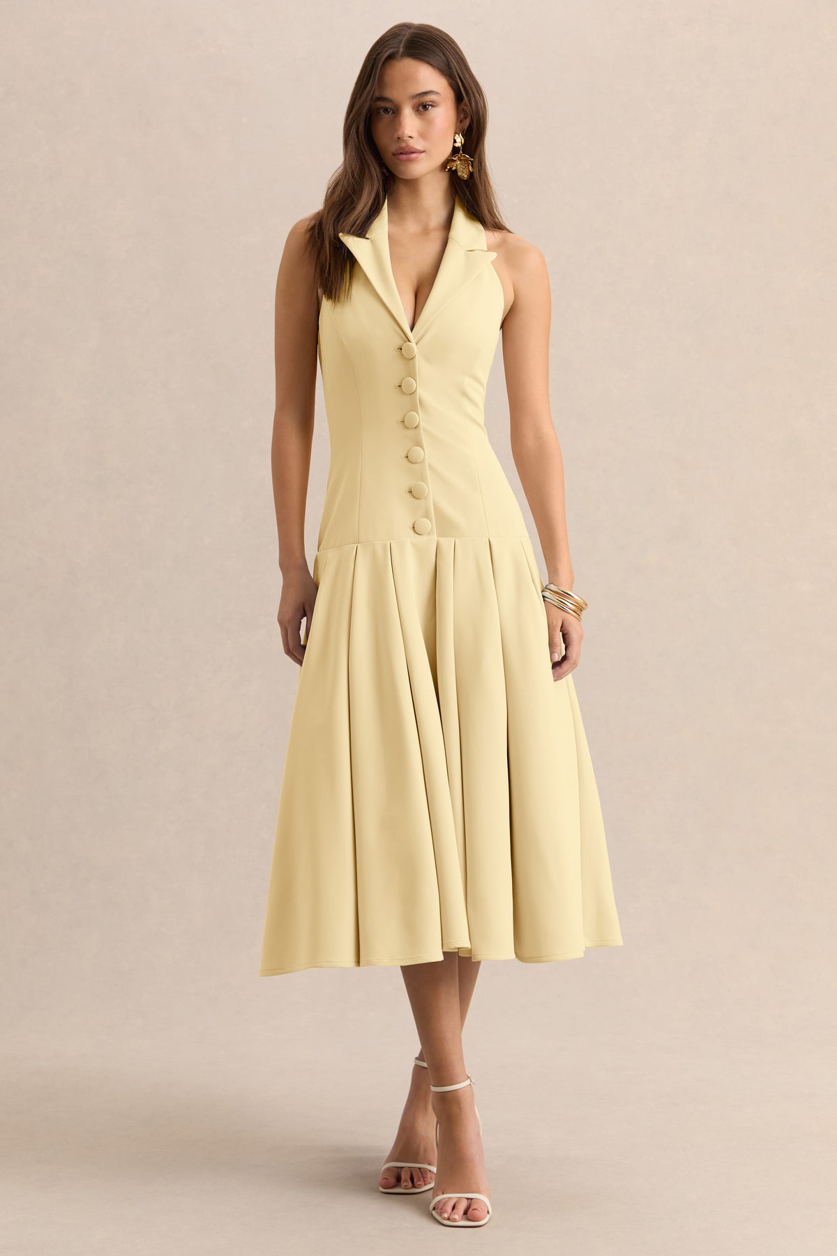 Elise Lemon Plunge-Neck Midi Dress With Drop-Waist – Club L London