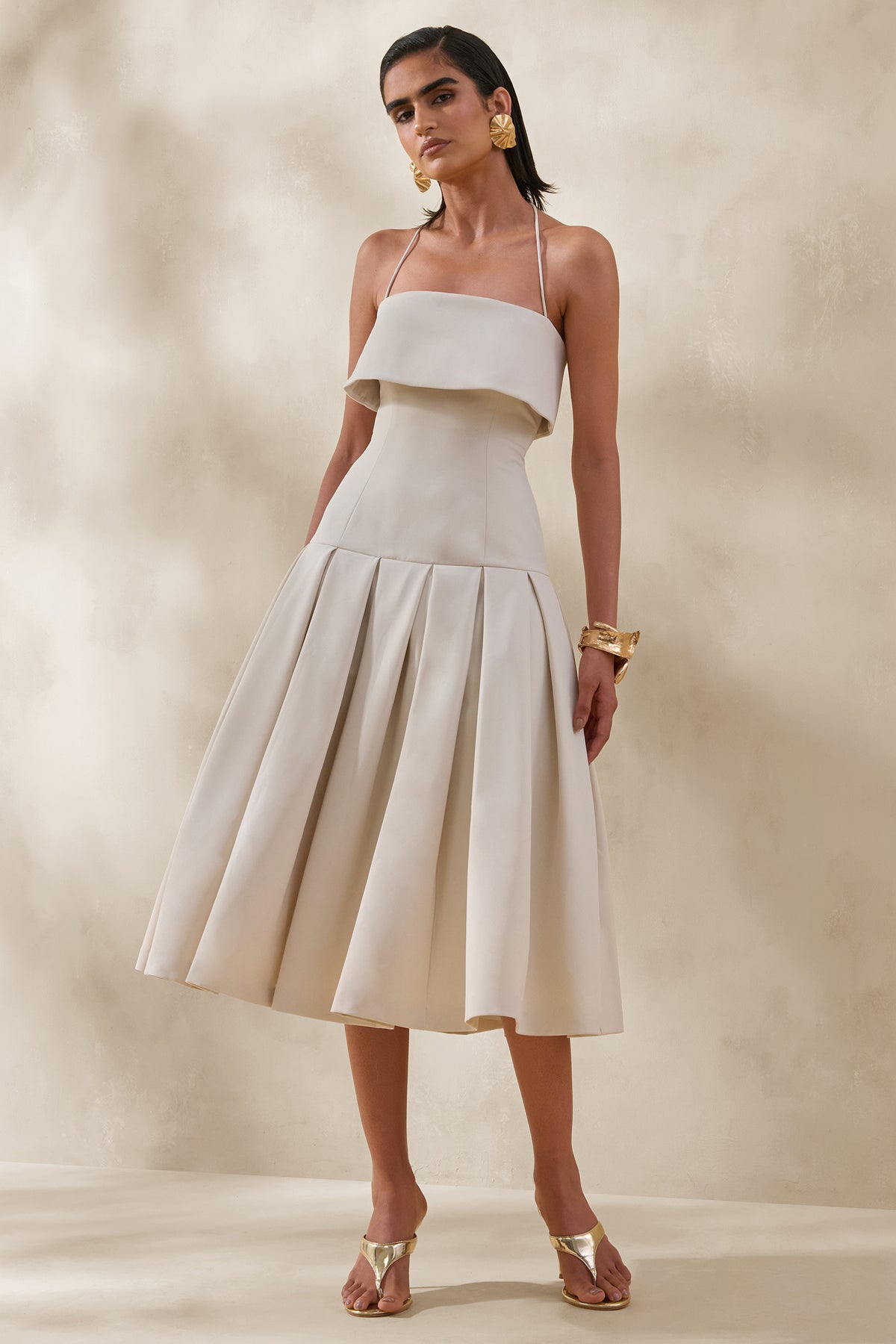 square neck midi dress in ivory Ivory Compact Stretch Tailored Square Neck Full Skirted Midi Dress