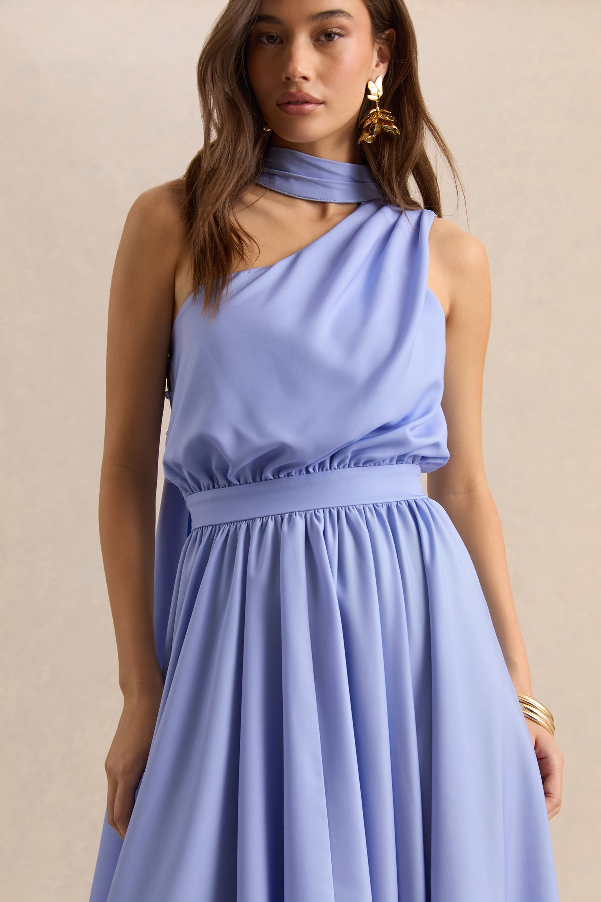 Caluna Powder Blue Satin Asymmetric-Neck Midi Dress With Scarf-Detai – Club  L London