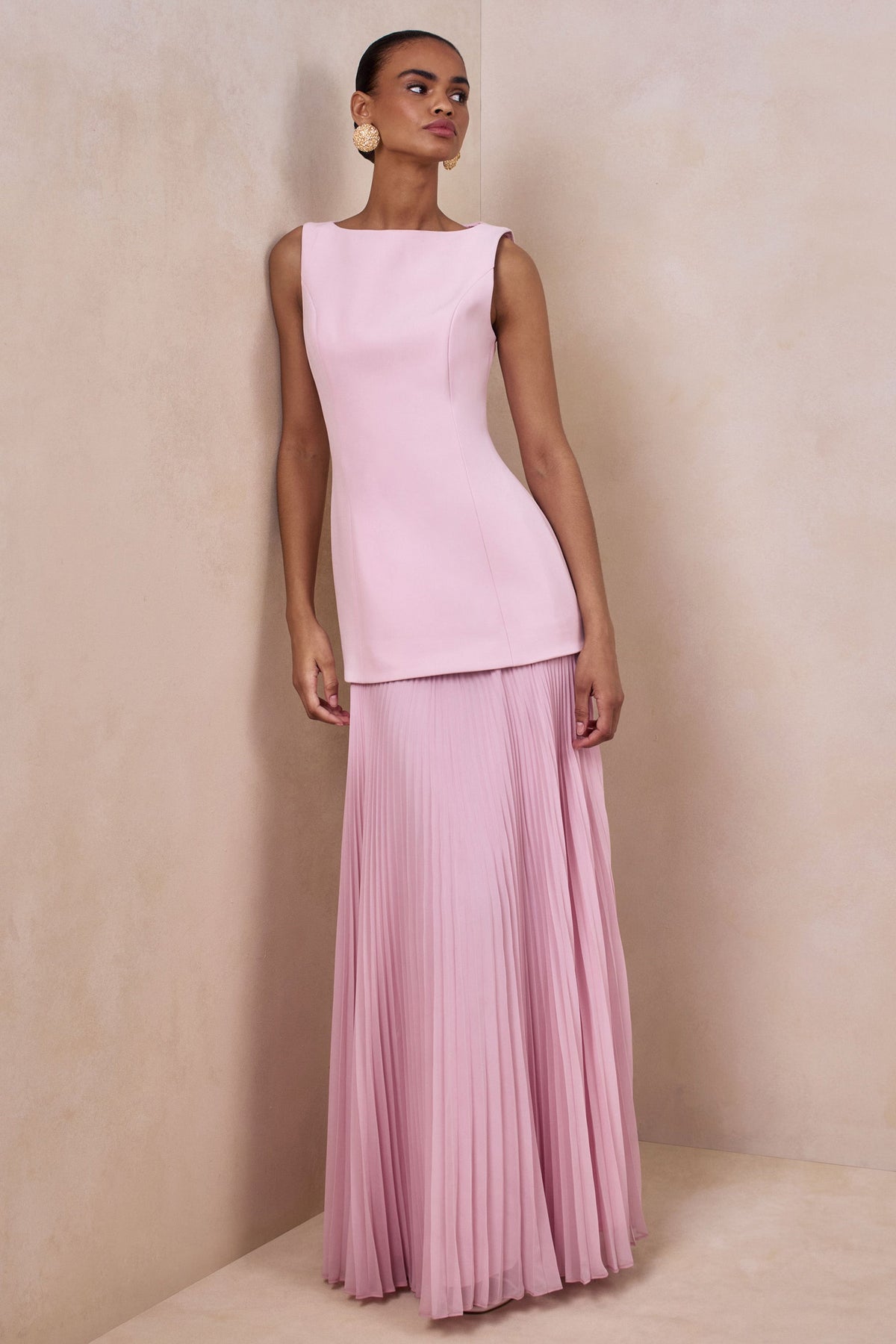 light pink boat neck dress Chessa | Light PINK Boat-Neck Maxi Dress With Sheer Cape