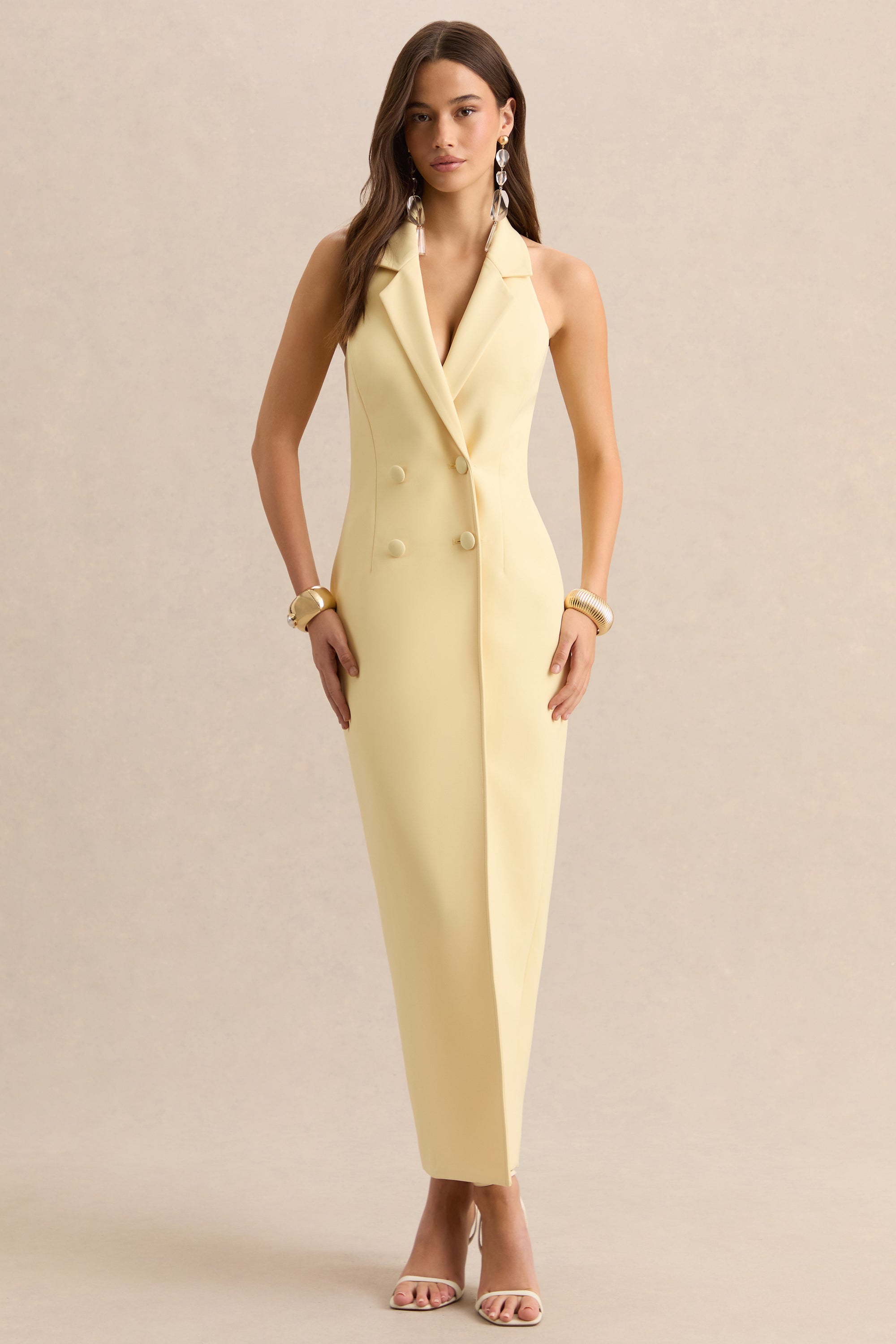 Hana | Lemon Plunge-Neck Tailored Maxi Dress – Club L London