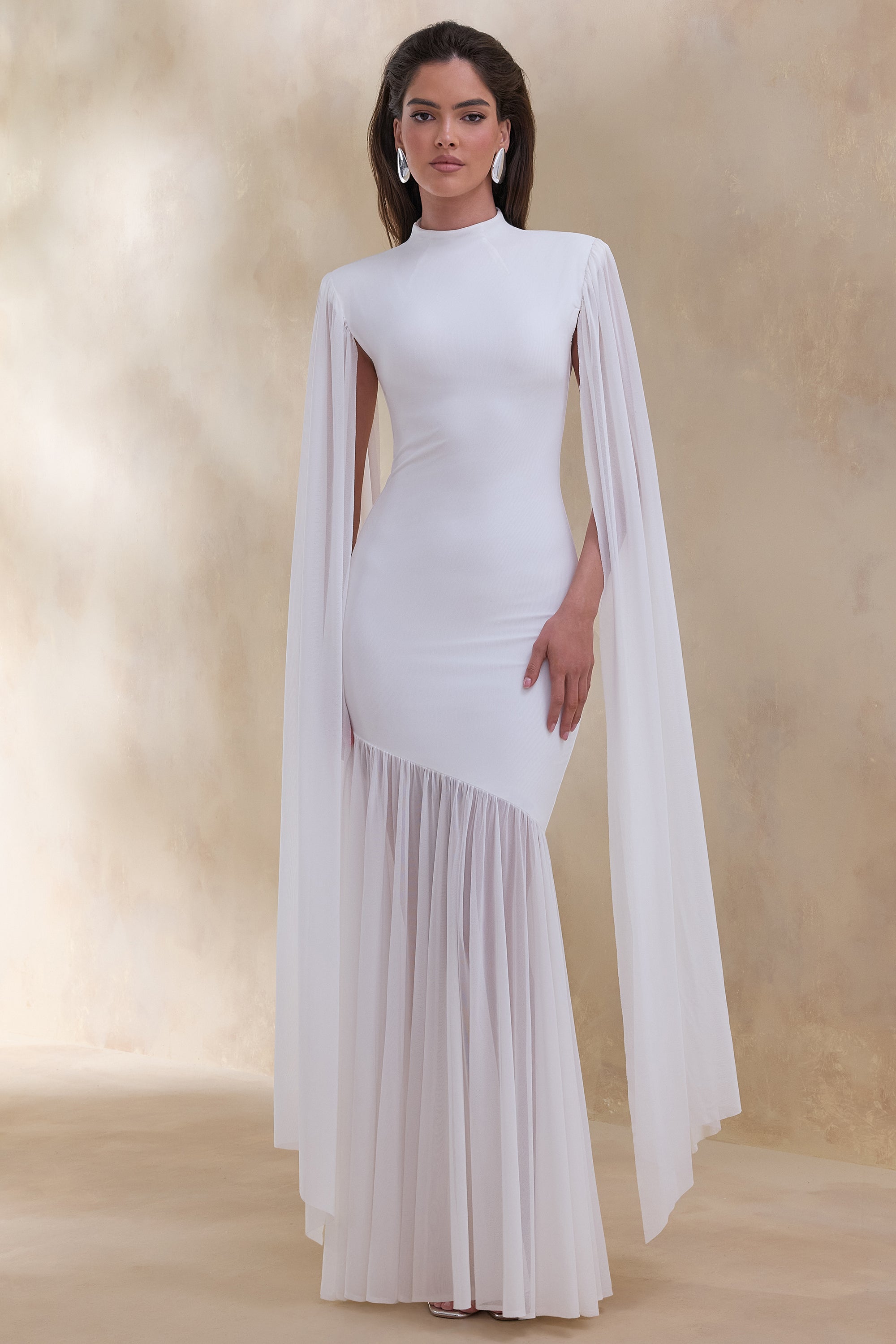 Chantelle | White High-Neck Maxi Dress With Drop-Waist And Cape-Sleeve – Club L London
