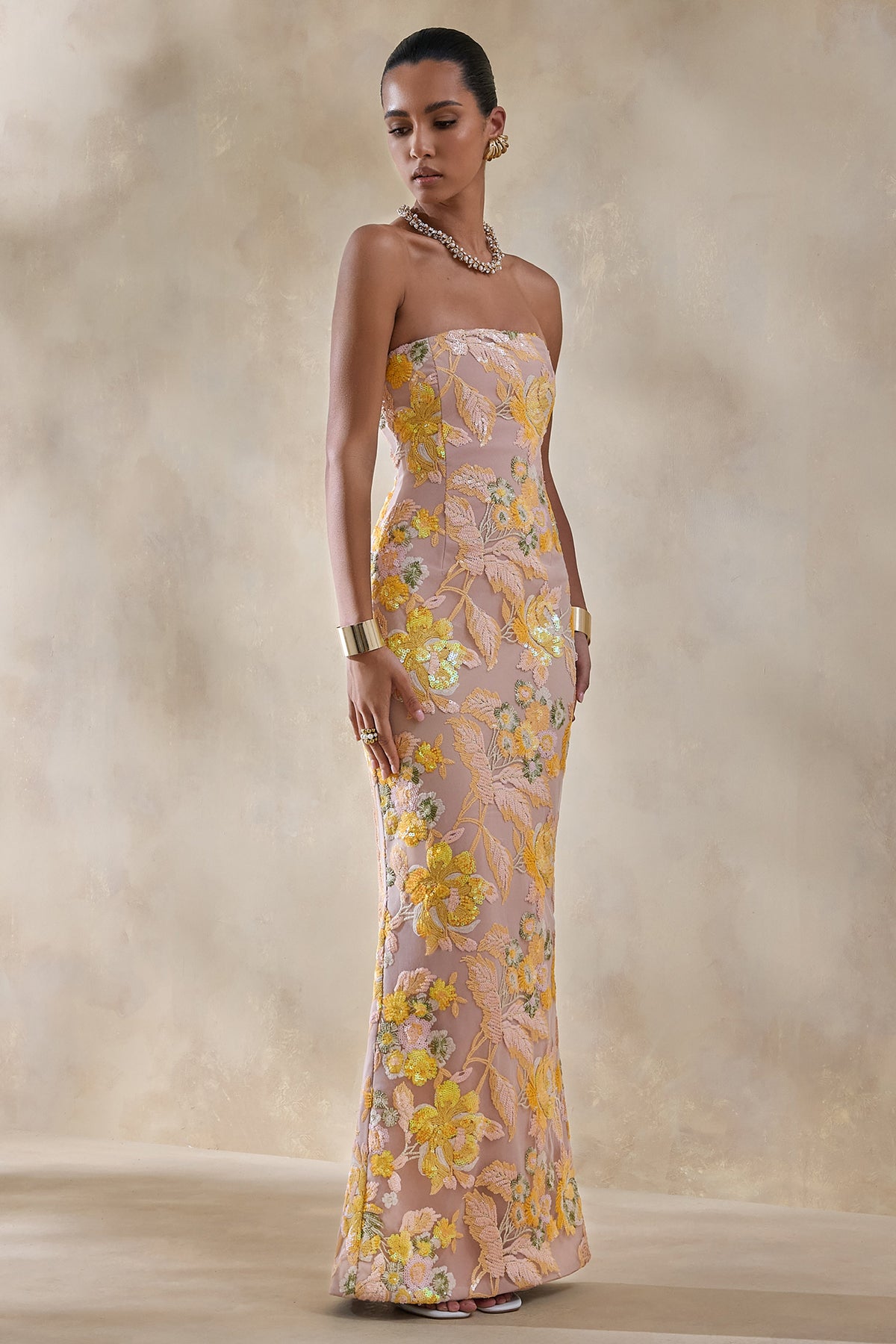 Severn Yellow Embellished Floral Bandeau Maxi Dress – Club L London