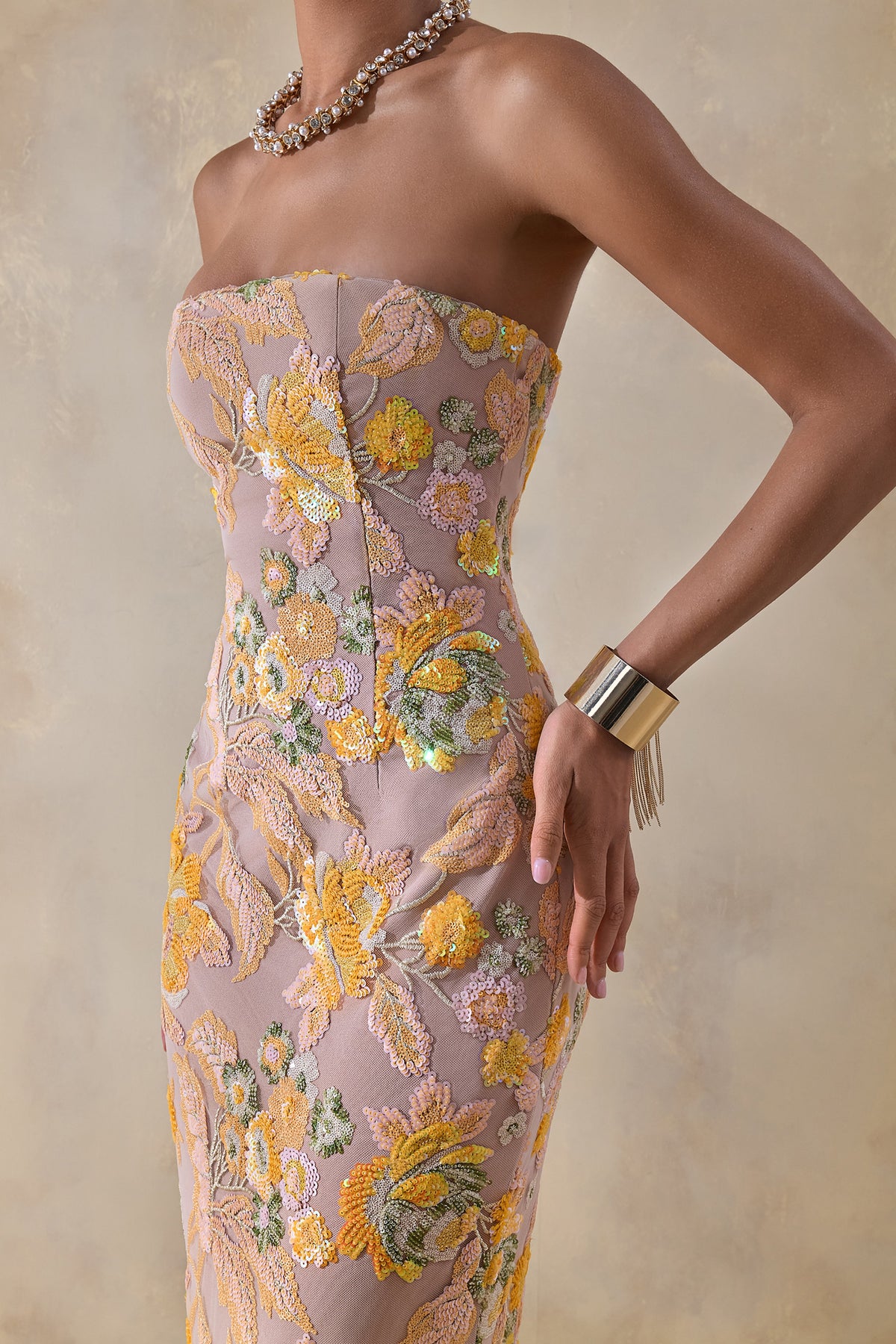 Severn Yellow Embellished Floral Bandeau Maxi Dress – Club L London