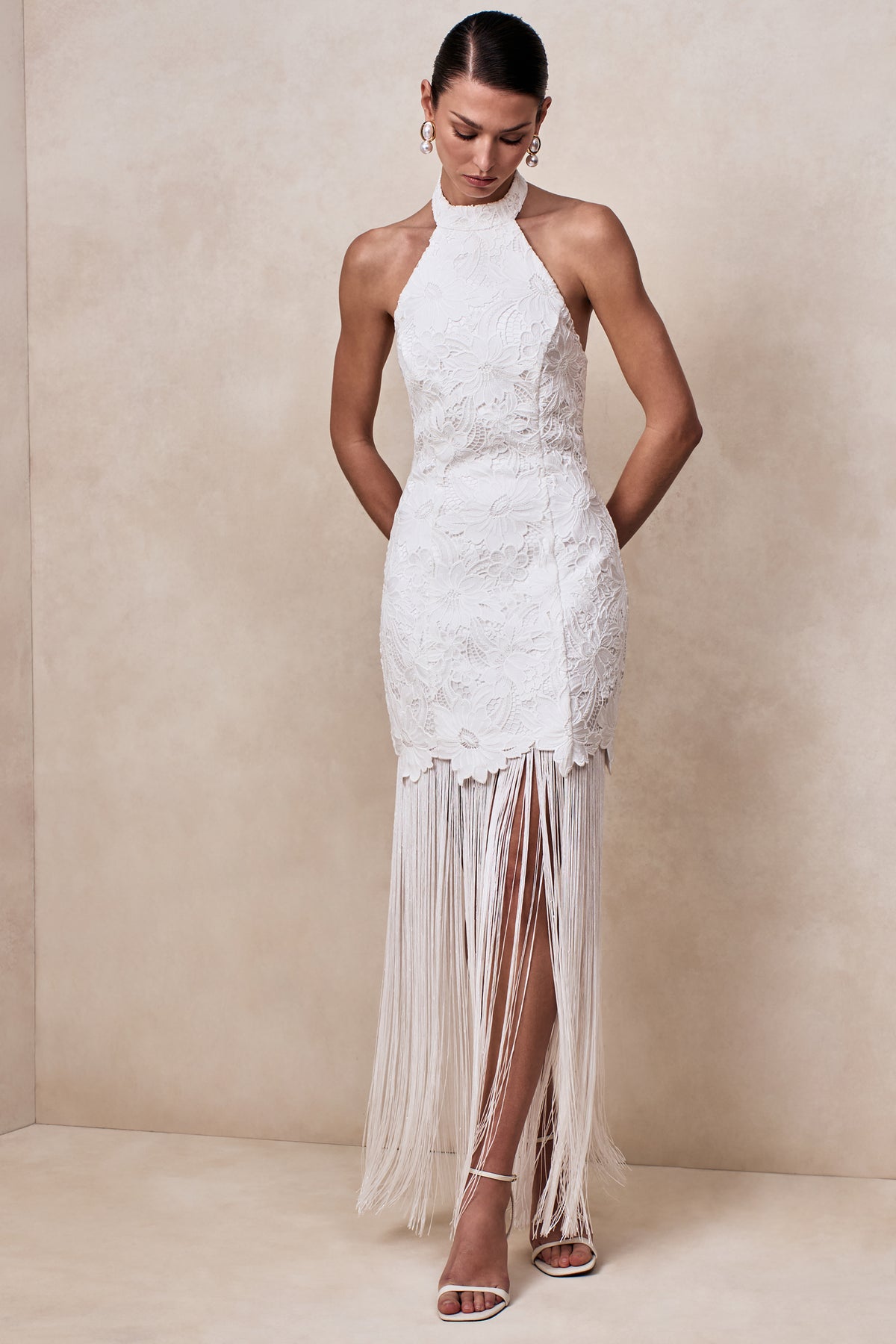 halter neck fishtail maxi dress in ivory Innocence Ivory Sculpted Silk Halter Maxi Dress