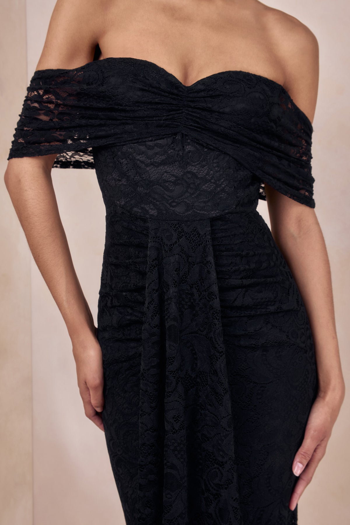 ECM_HR_CL137216001 - Aries _ Black Lace Bardot-Neck Maxi Dress With Gathered Detailing 3.jpg