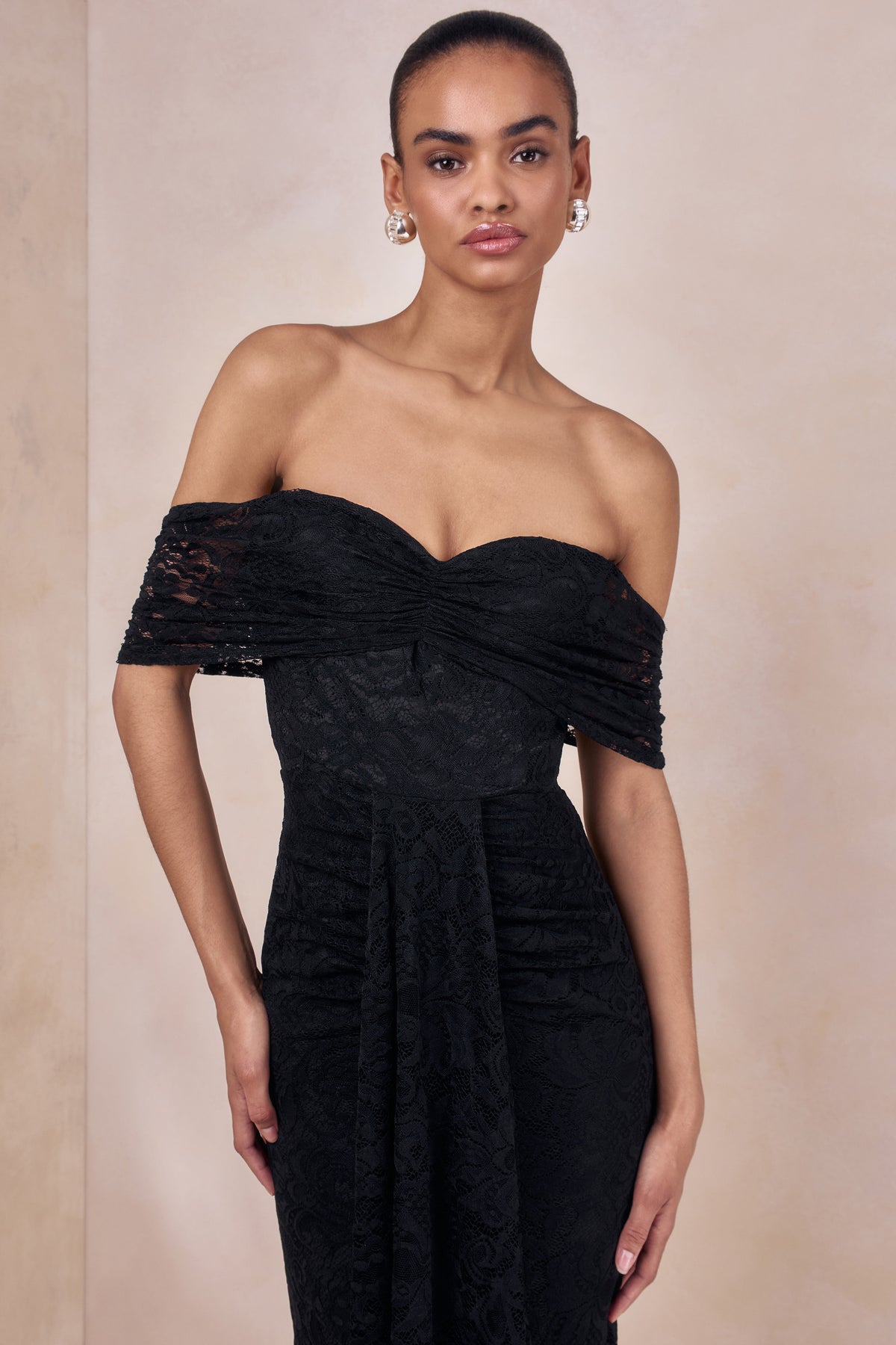 ECM_HR_CL137216001 - Aries _ Black Lace Bardot-Neck Maxi Dress With Gathered Detailing 4.jpg