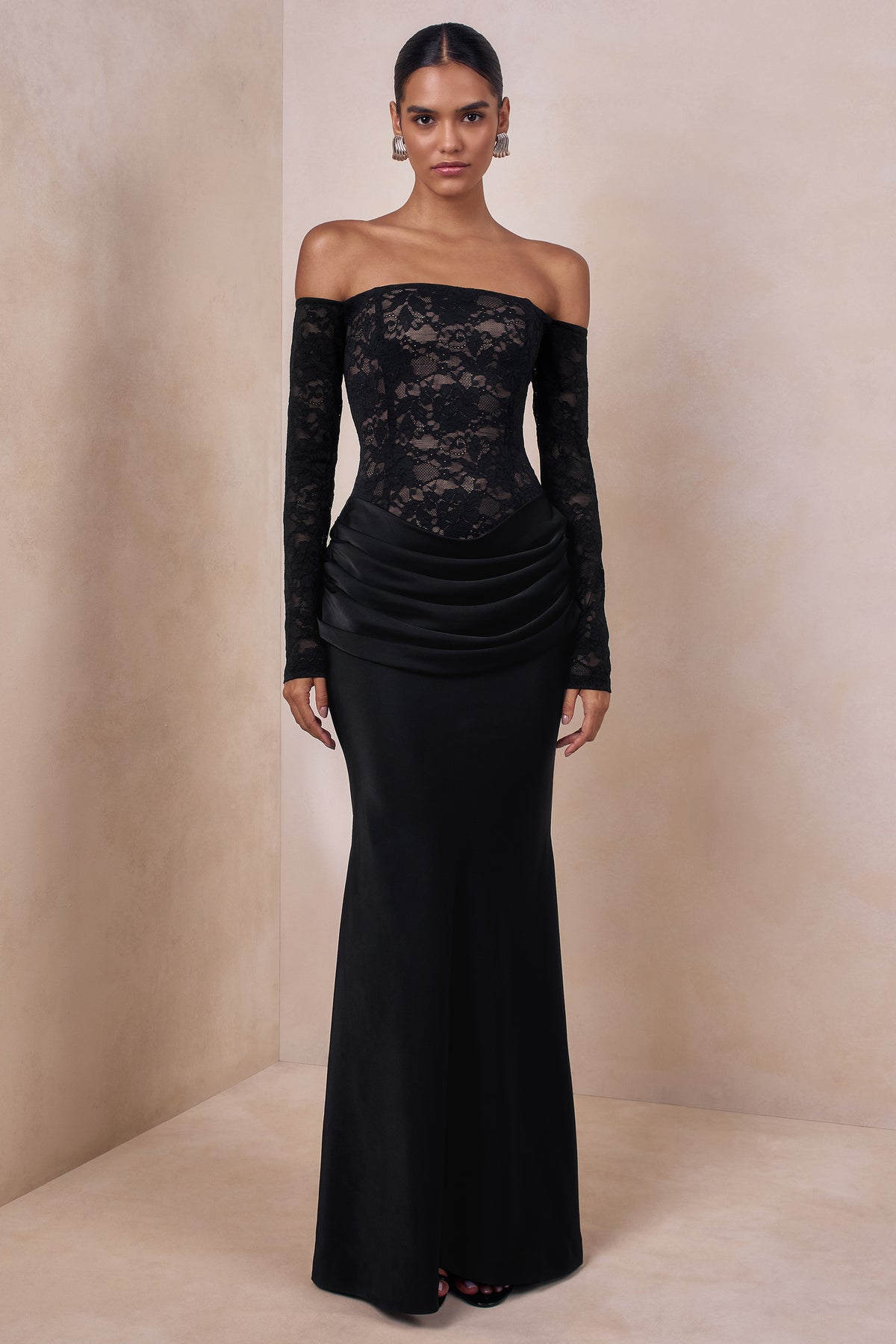 Rinna Black Lace And Satin Bardot-Neck Maxi Dress  Club L London - SA