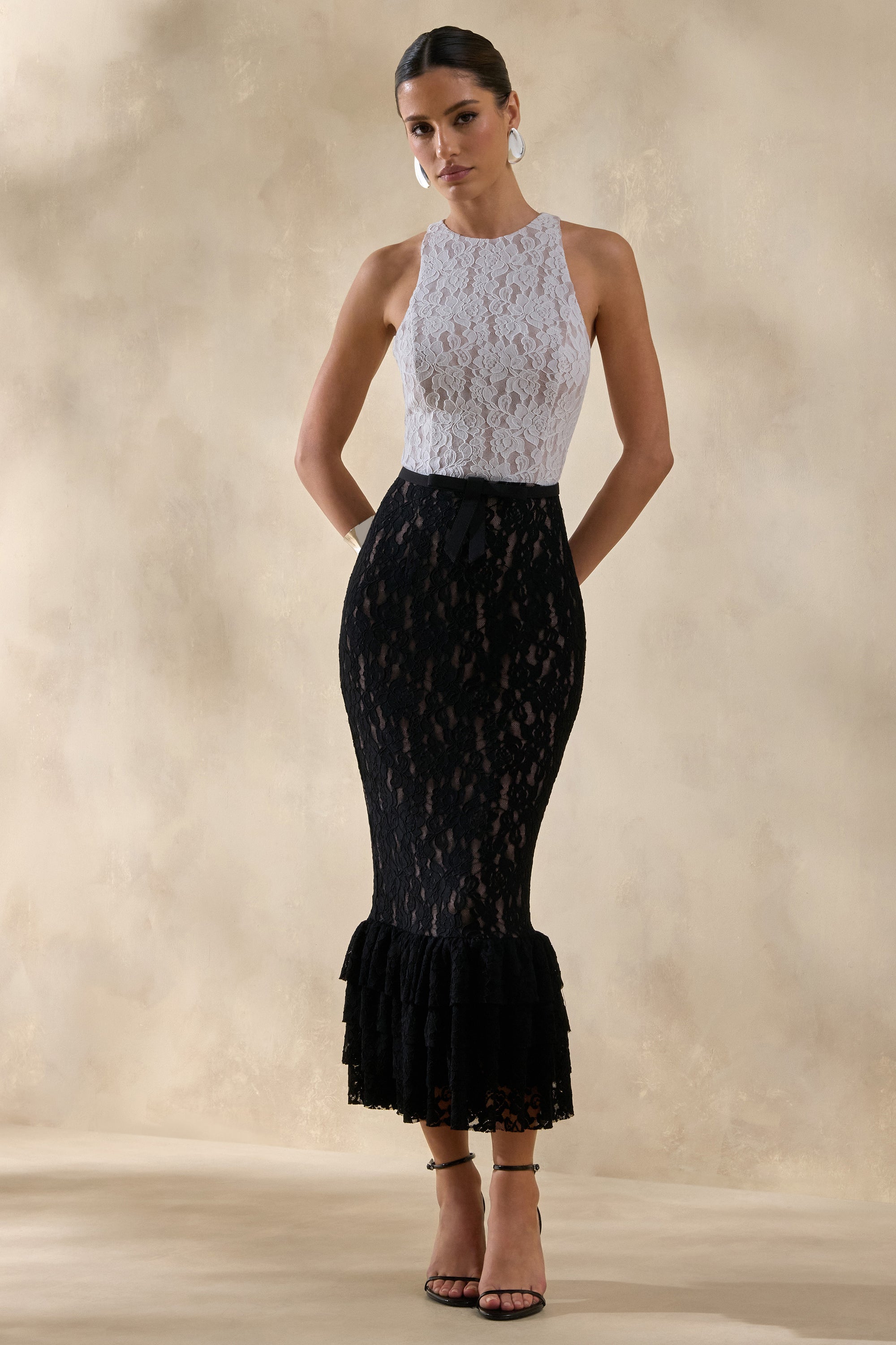 ECM_HR_CL137244141 - Vionna | Black And White Lace High-Neck Midi Dress With Bow-Belt Detail 2.jpg