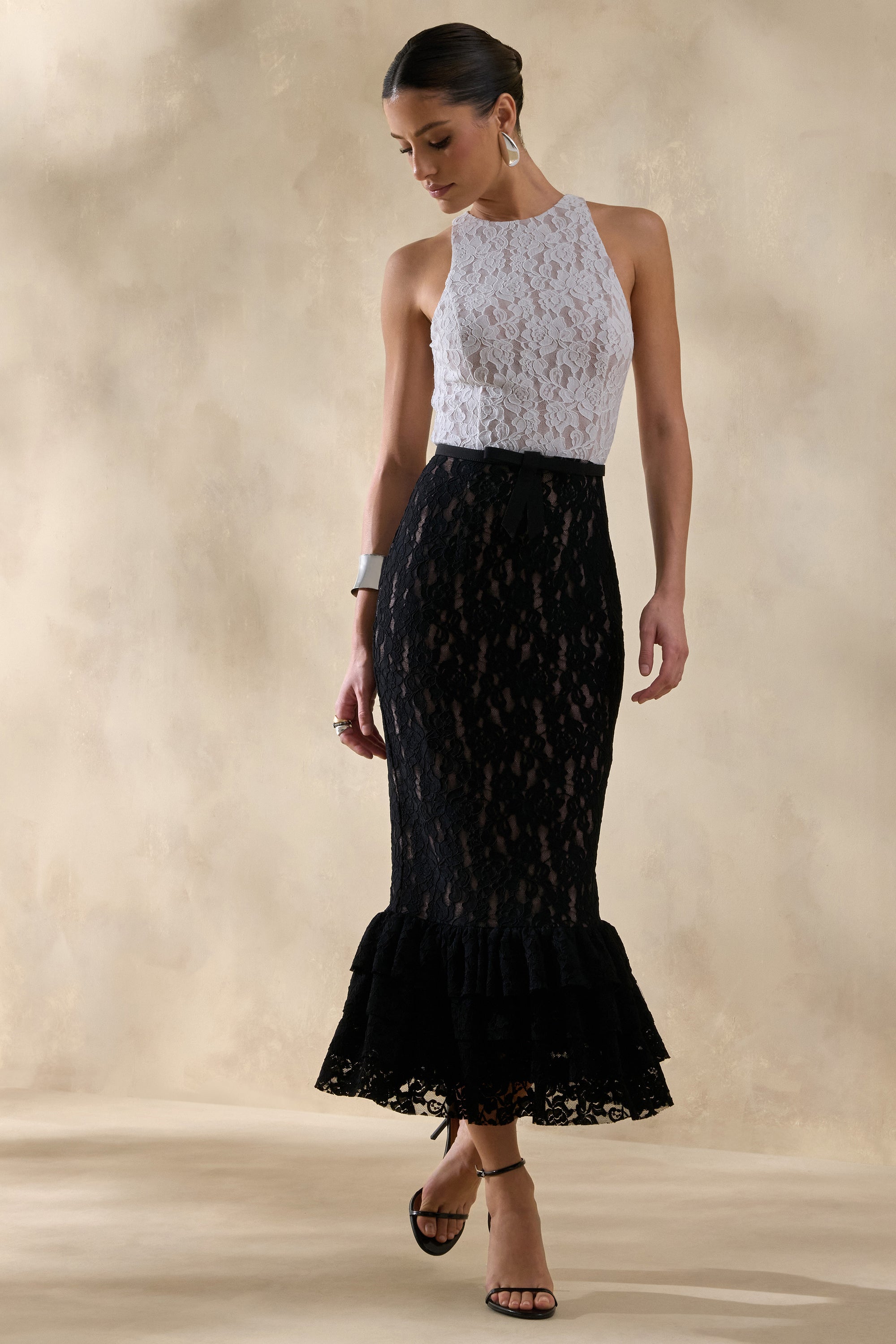 ECM_HR_CL137244141 - Vionna | Black And White Lace High-Neck Midi Dress With Bow-Belt Detail 4.jpg