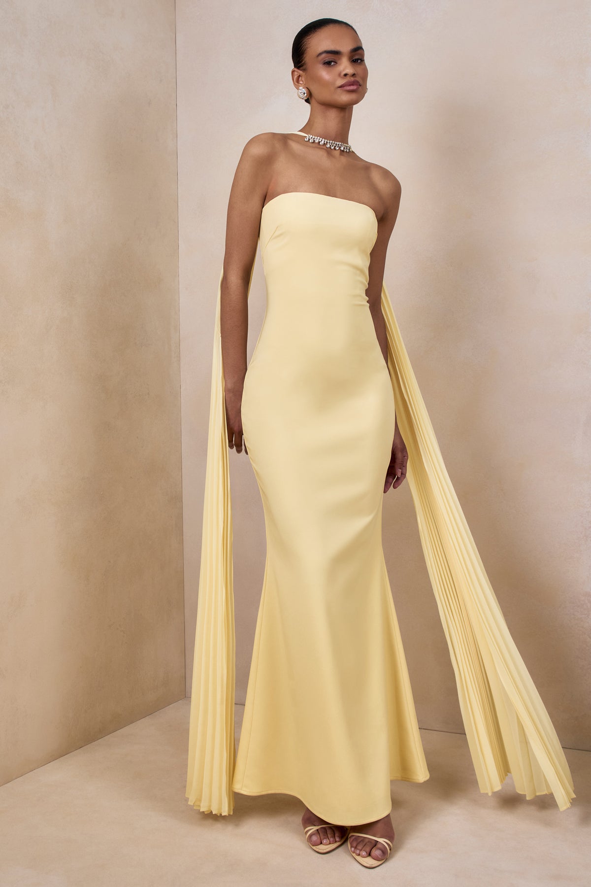 bandeau ruffle-trim maxi dress in lemon sherbet Avery Lemon Bandeau Maxi Dress With Embellished Scarf – Club L London