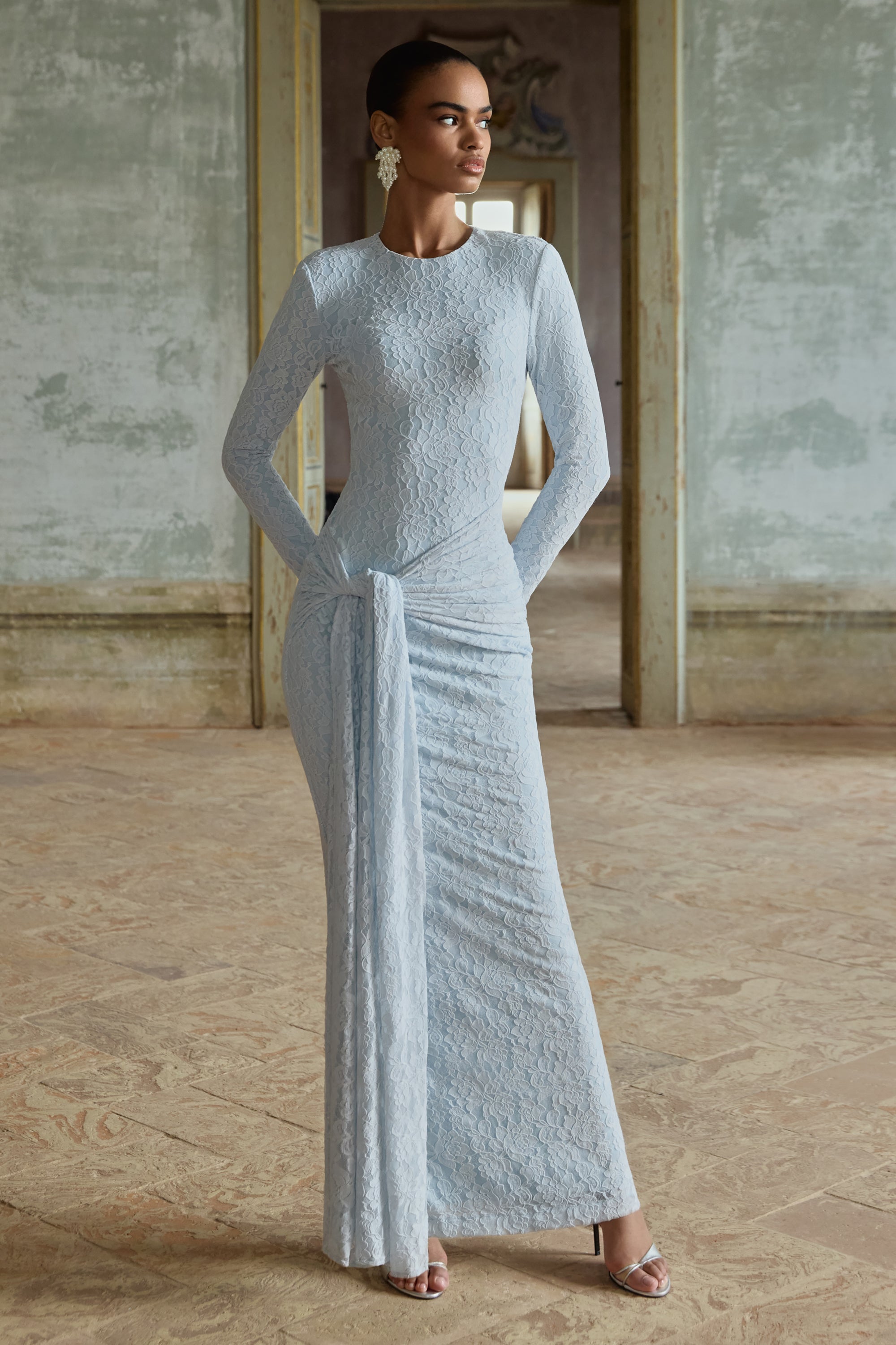 Evangela | Powder Blue Lace Crew-Neck Maxi Dress With Wrap-Detail – Club L London