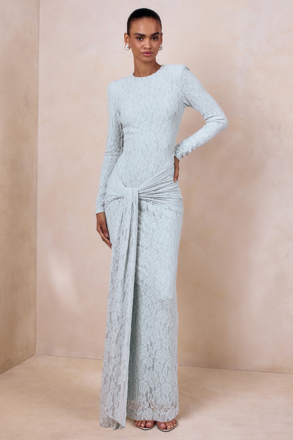 Evangela Powder Blue Lace Crew-Neck Maxi Dress With Wrap-Detail – Club L London Evangela Powder Blue Lace Crew-Neck Maxi Dress With Wrap-Detail – Club L London